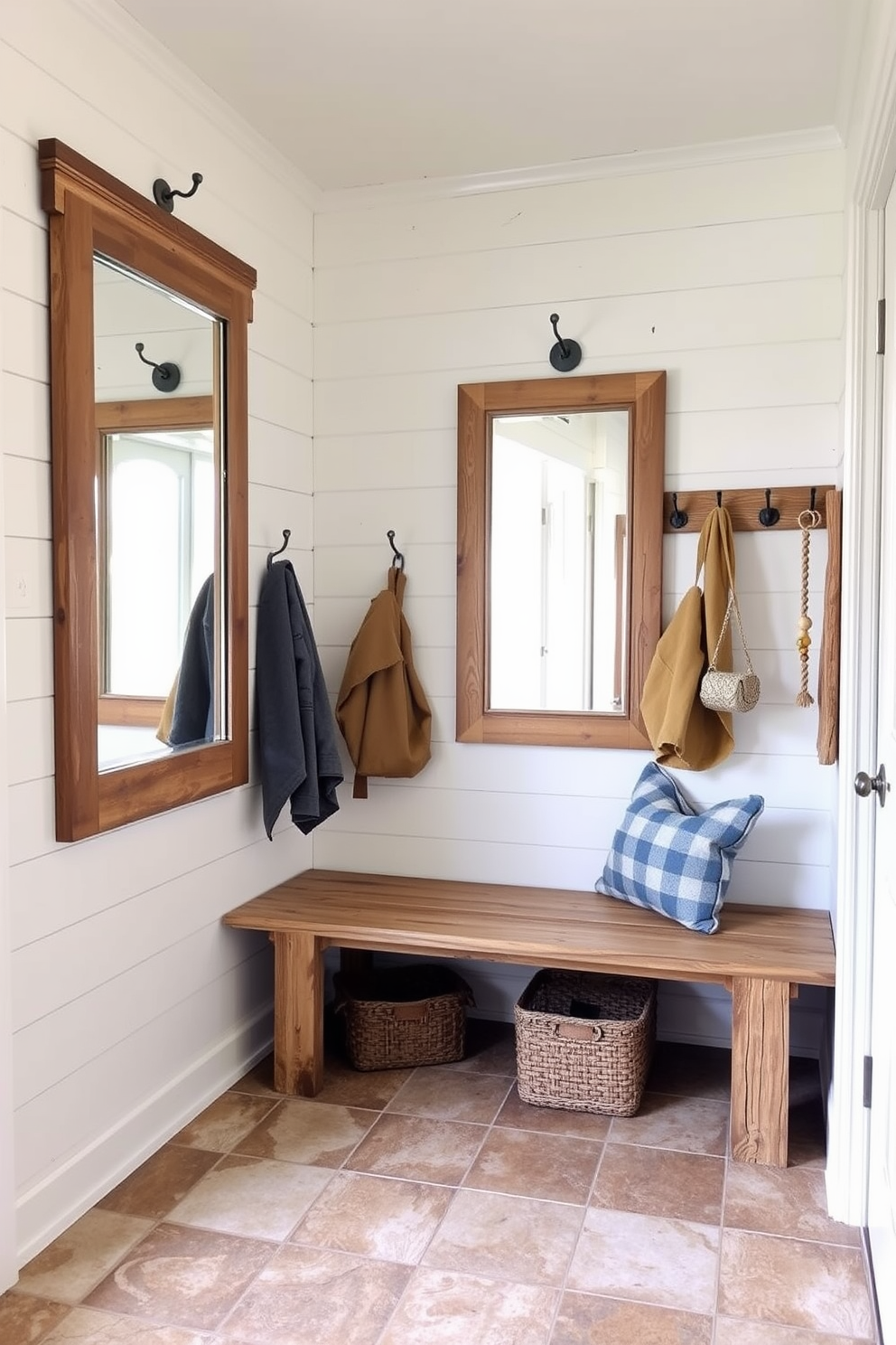 A rustic mudroom featuring vintage mirrors that add charm and character. The space includes a wooden bench with storage underneath and hooks on the wall for coats and bags.