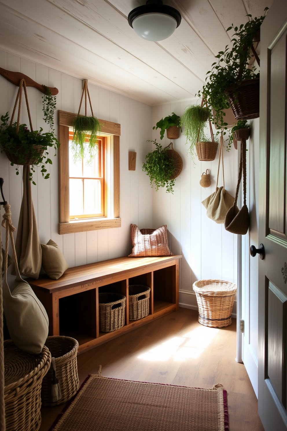 A rustic mudroom features a cedar chest that provides additional storage while adding warmth to the space. The walls are adorned with shiplap, and the flooring is a durable slate tile, perfect for high traffic areas.