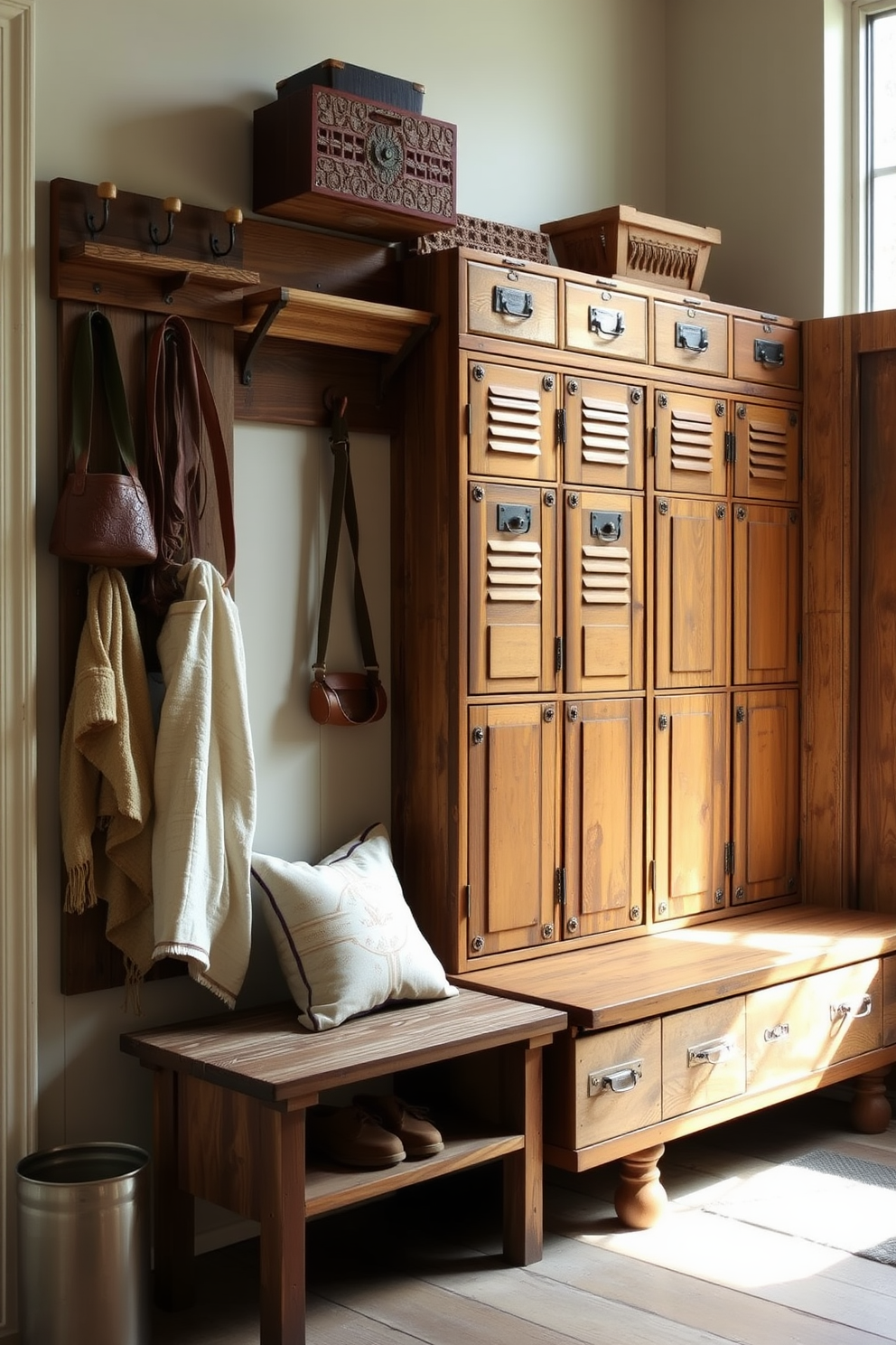 A rustic mudroom features vintage hooks made of wrought iron, providing a charming and functional space for hanging coats and bags. The walls are adorned with reclaimed wood paneling, and the floor is a mix of patterned tiles that add warmth and character.