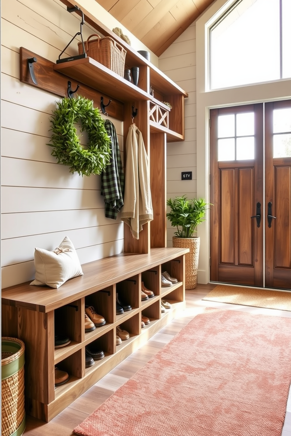 A rustic mudroom features hanging baskets made from natural fibers, providing easy access to everyday items. The walls are adorned with reclaimed wood, and the floor is a durable, weather-resistant tile that complements the earthy tones of the decor.