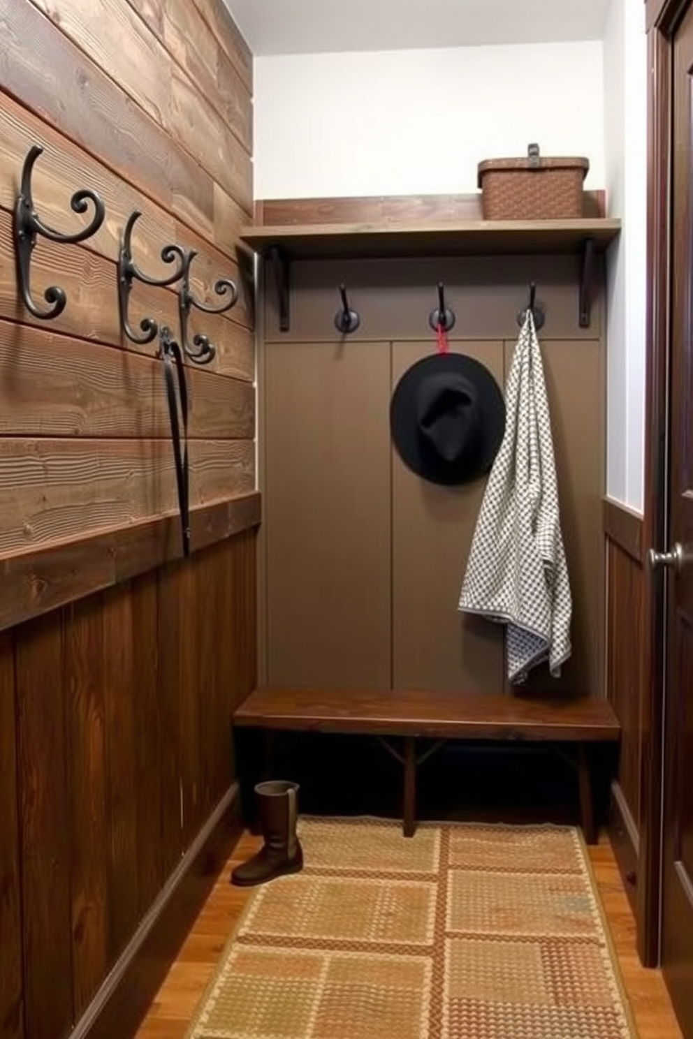 A rustic mudroom features a wooden bench with hidden storage underneath, providing a functional yet stylish seating area. The walls are clad in reclaimed wood, and a series of hooks line the wall above the bench for hanging coats and bags.