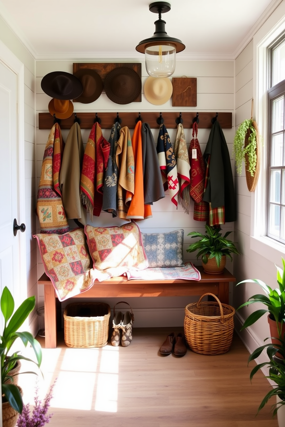 A rustic mudroom features charming wallpaper with a nature-inspired pattern, creating a unique backdrop. The space includes wooden benches with cozy cushions and hooks for hanging jackets and bags.