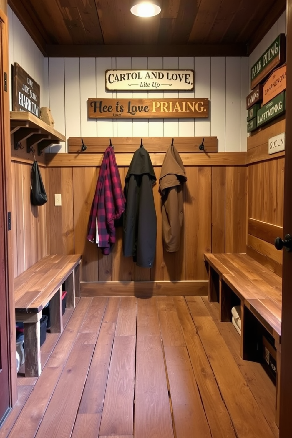 A rustic mudroom features a wooden bench with ample seating and storage underneath. Mason jars are neatly arranged on a reclaimed wood shelf, holding small items like keys, buttons, and craft supplies.