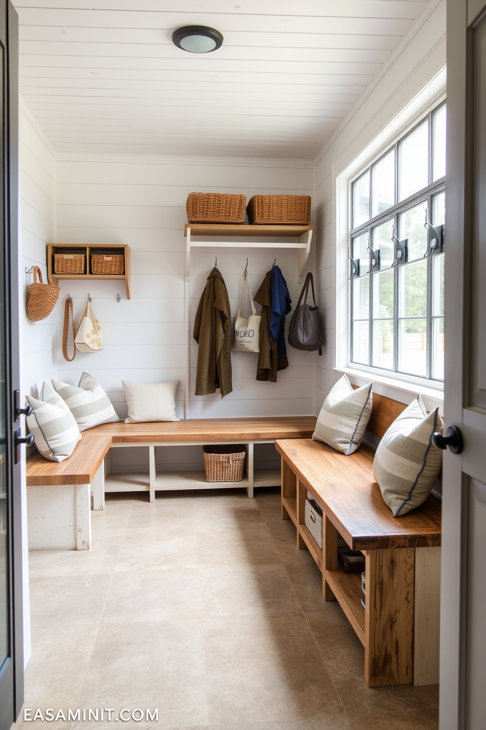 A rustic mudroom features cork flooring that combines durability with a stylish aesthetic. The space includes built-in wooden benches and hooks for coats, creating a functional yet inviting environment.