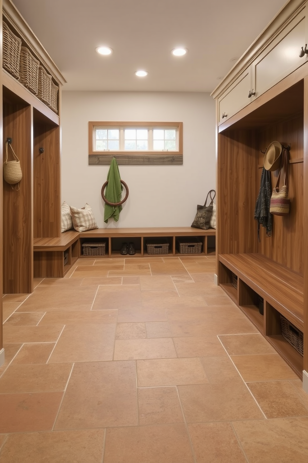 A rustic mudroom features wooden benches with plush cushion seating, inviting comfort and warmth. The walls are adorned with shiplap, and a large window allows natural light to flood the space, highlighting the earthy tones.