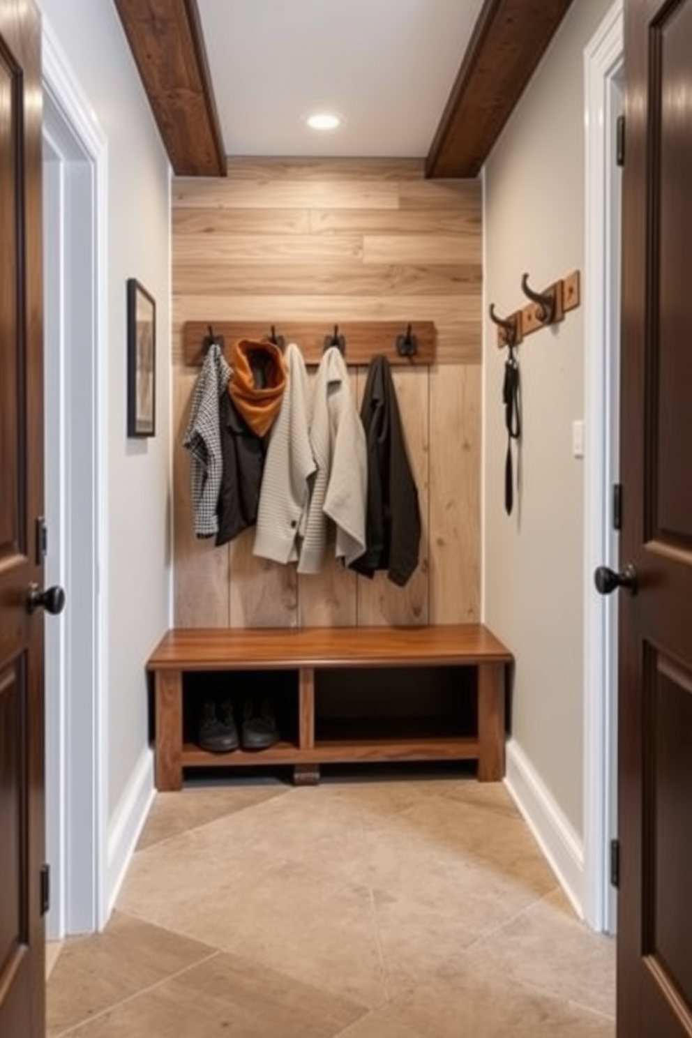 A rustic mudroom features a combination of metal accents and natural wood elements. The space includes a sturdy wooden bench with a distressed finish and hooks for hanging coats, complemented by metal accents in the form of industrial-style light fixtures and hardware. The flooring is made of reclaimed wood, adding warmth and character to the room. A large metal-framed mirror above the bench enhances the rustic charm, while potted plants bring a touch of greenery to the design.