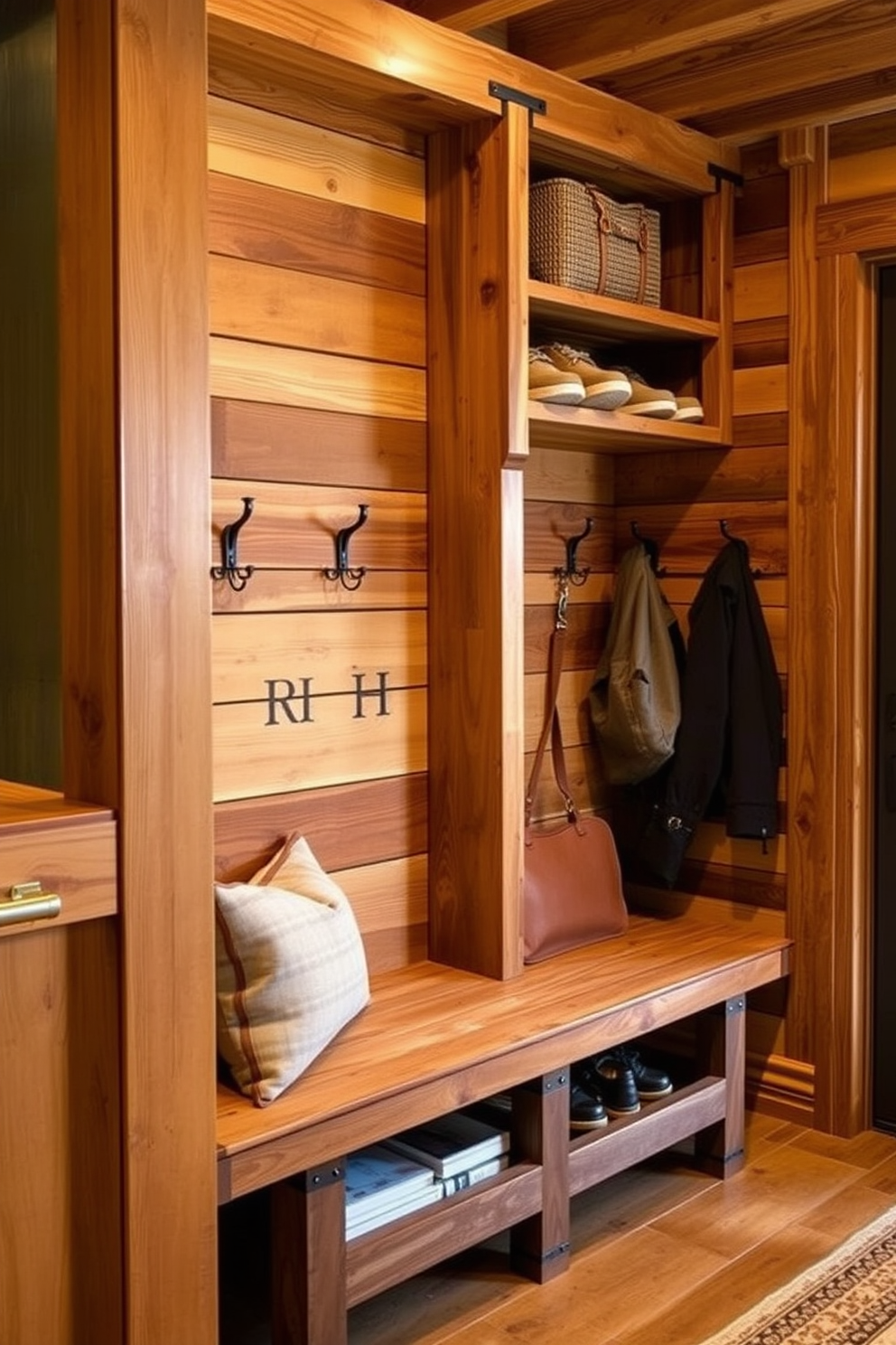 A rustic mudroom featuring an old trunk as a vintage storage solution. The trunk sits against a wall adorned with reclaimed wood, providing a charming focal point in the space. Cozy hooks are mounted above the trunk for hanging jackets and bags. The floor is covered with a durable yet stylish patterned rug that complements the earthy tones of the room.