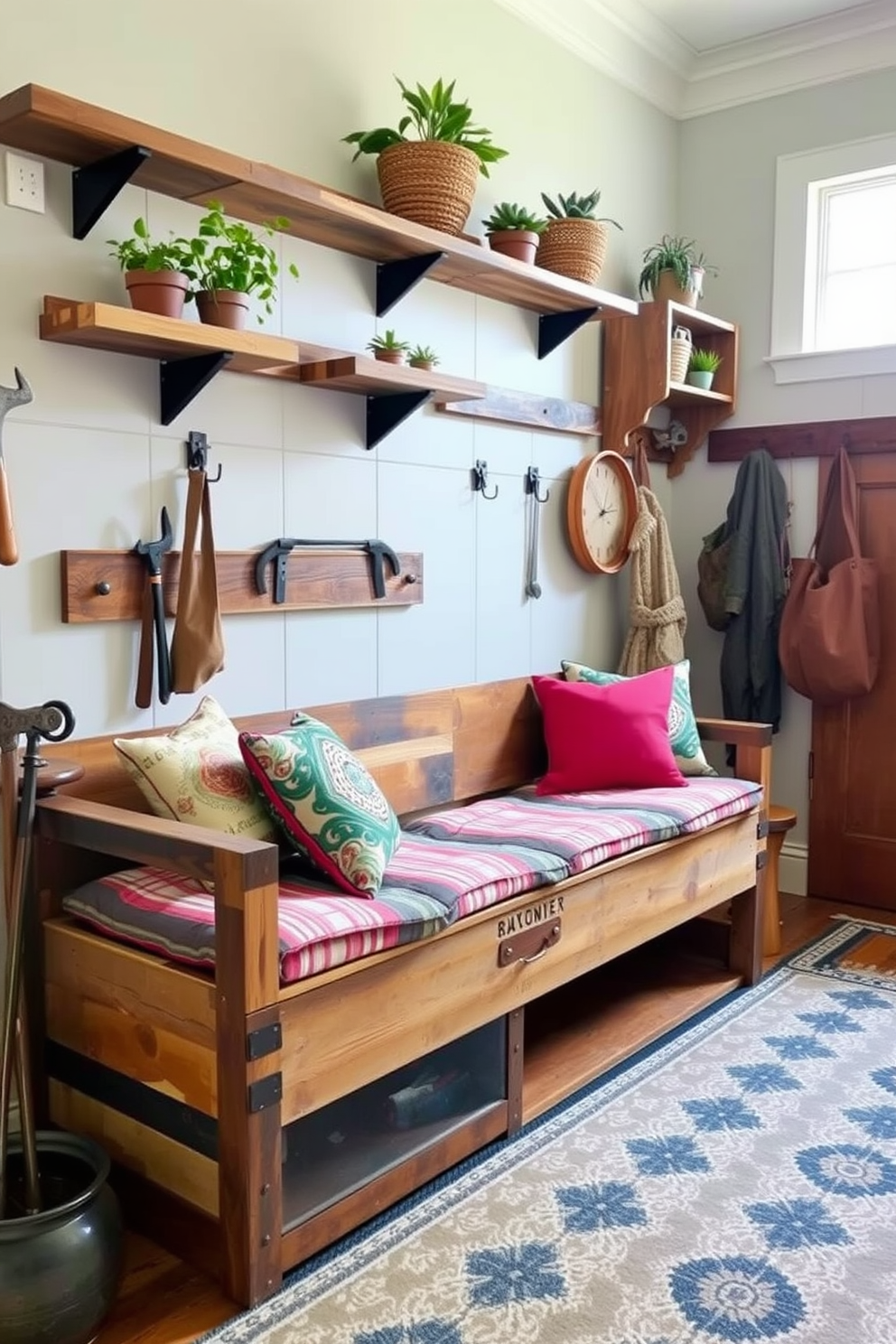 Burlap curtains frame the windows, adding warmth and texture to the space. The mudroom features a wooden bench with built-in storage, surrounded by hooks for coats and bags. The floor is covered with a durable, patterned tile that complements the rustic theme. A large basket sits in the corner, perfect for storing shoes and outdoor gear.