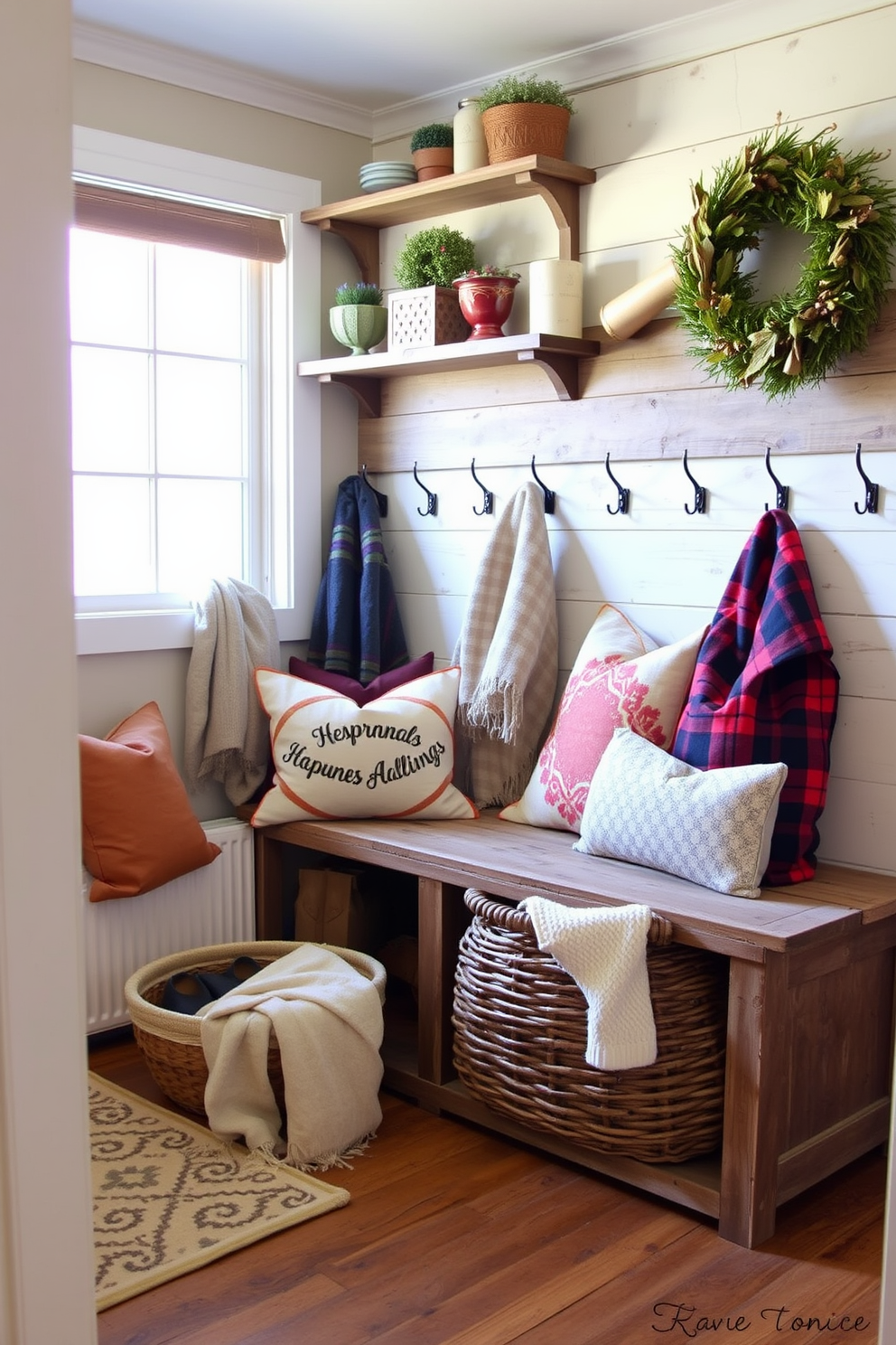 Reclaimed wood wall art serves as a stunning focal point in the rustic mudroom. The wall features a variety of wooden planks in different shades, creating a warm and inviting atmosphere. The mudroom is designed with a combination of open shelving and closed cabinetry for storage. A bench made from reclaimed wood offers a practical seating area, while hooks for coats and bags enhance the functionality of the space.