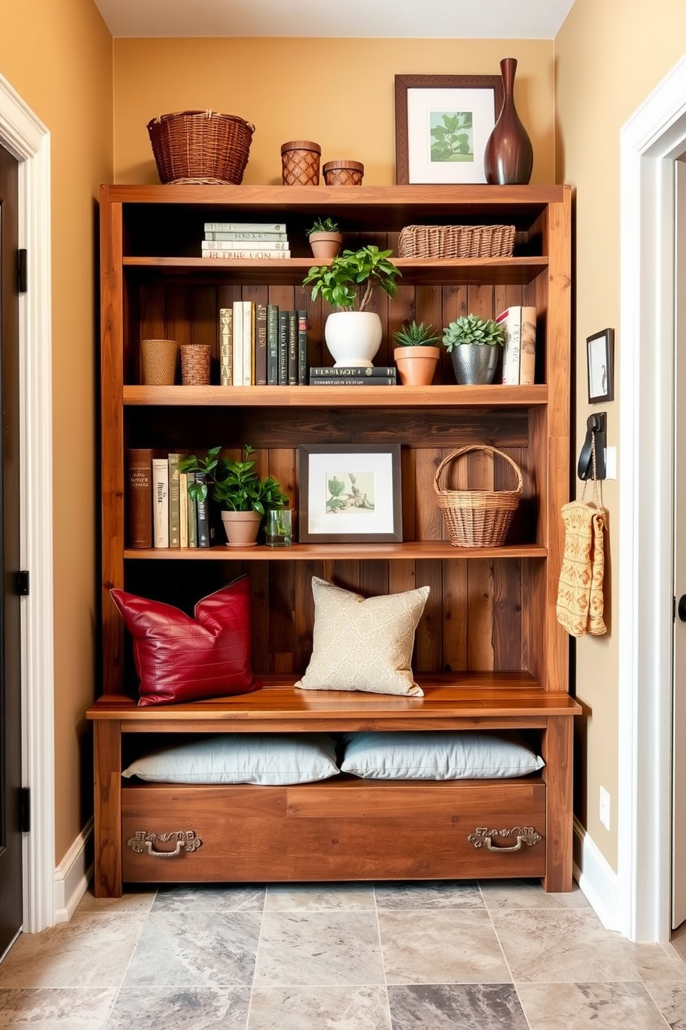 A rustic mudroom features natural stone flooring that brings an earthy feel to the space. The walls are clad in reclaimed wood, and a large bench with hooks above provides ample storage for coats and shoes.