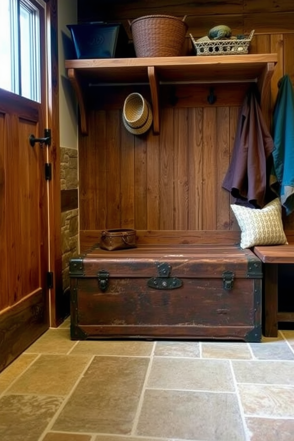 Open shelving lines the walls of a rustic mudroom, showcasing neatly arranged woven baskets in various sizes. The floor is made of reclaimed wood, adding warmth to the space, while a bench with plush cushions invites comfort and practicality.