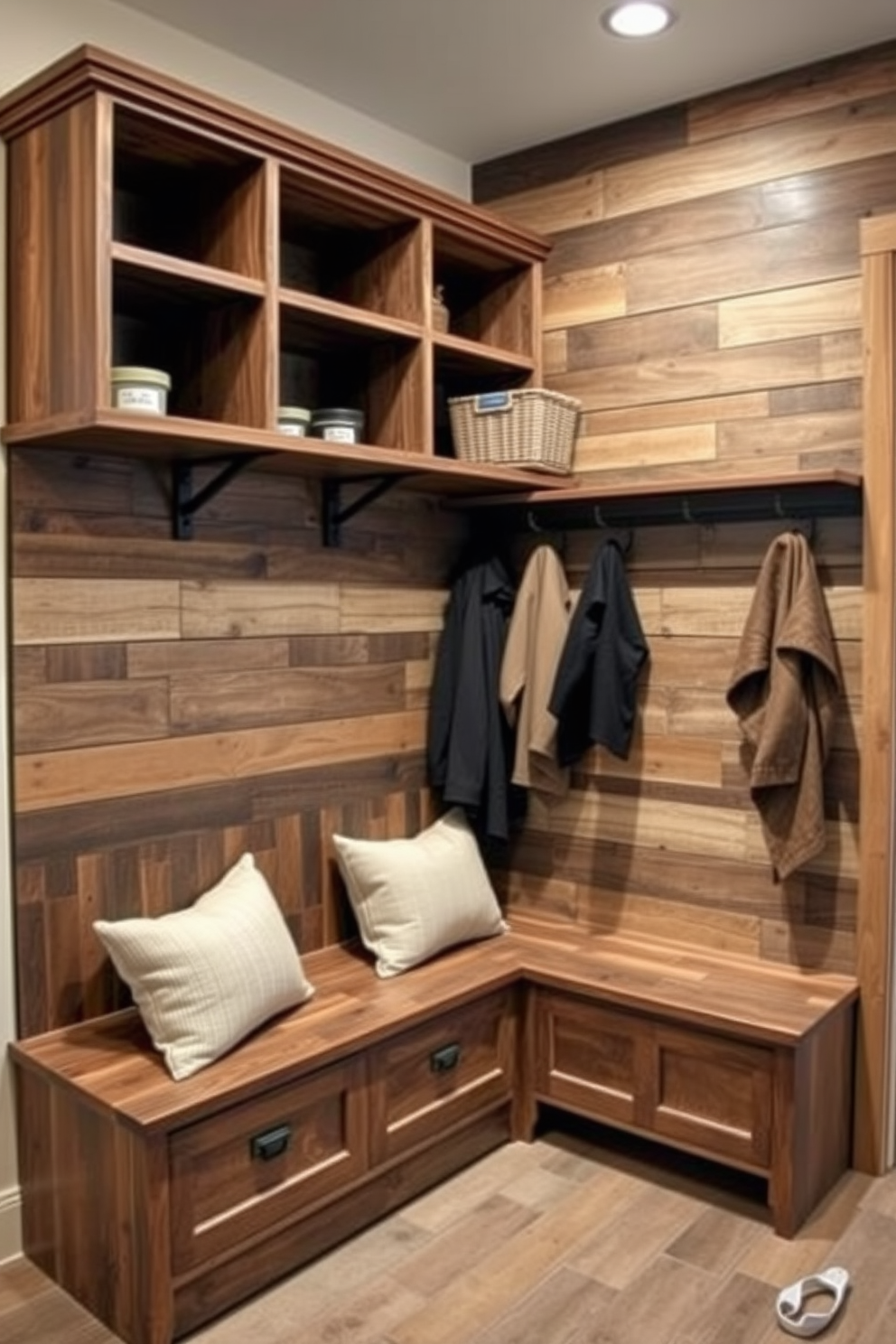 A rustic mudroom features wooden crates used for shoe organization. The crates are stacked in a corner, providing a practical yet charming storage solution.