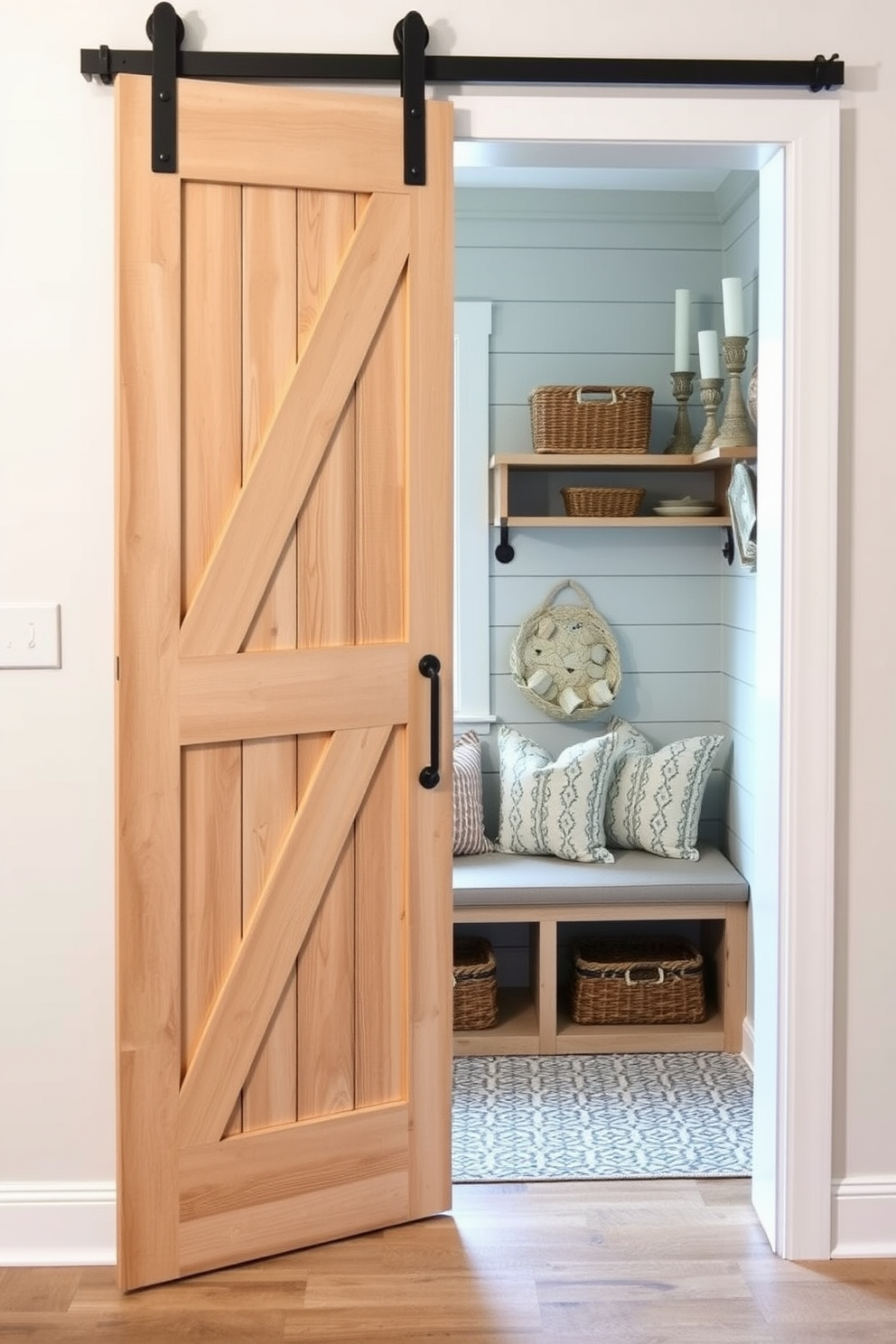 A farmhouse style table designed for multifunctional use. It features a sturdy wooden top with a distressed finish and ample storage underneath, perfect for dining, working, or crafting. Rustic mudroom design ideas that incorporate natural materials. The space includes a bench made of reclaimed wood, hooks for coats, and a large basket for shoes, all set against a backdrop of shiplap walls.