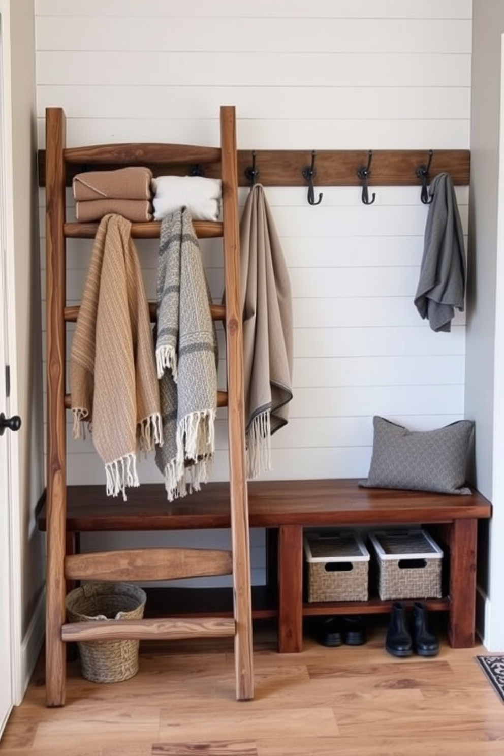 Rustic lighting fixtures made of reclaimed wood and wrought iron hang from the ceiling, casting a warm and inviting glow throughout the space. The fixtures are complemented by vintage-style Edison bulbs, enhancing the cozy atmosphere of the room. A functional mudroom features a combination of built-in wooden benches and open shelving for storage. The walls are adorned with shiplap, and the floor is covered with durable, weather-resistant tiles that add to the rustic charm.