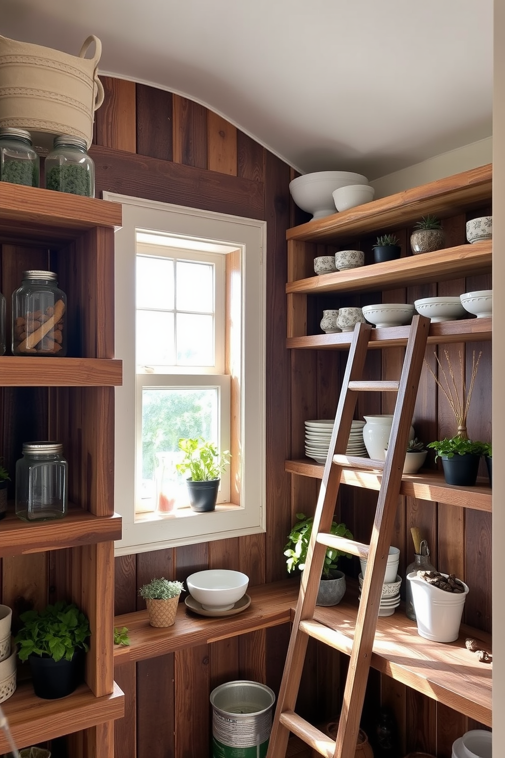 Open shelving made of reclaimed wood creates a warm and inviting atmosphere. The shelves are filled with a mix of glass jars, decorative bowls, and potted herbs, enhancing the rustic charm of the pantry. Natural light floods in through a small window, highlighting the rich textures of the wood. A vintage ladder leans against the shelves, providing both function and a touch of character to the space.