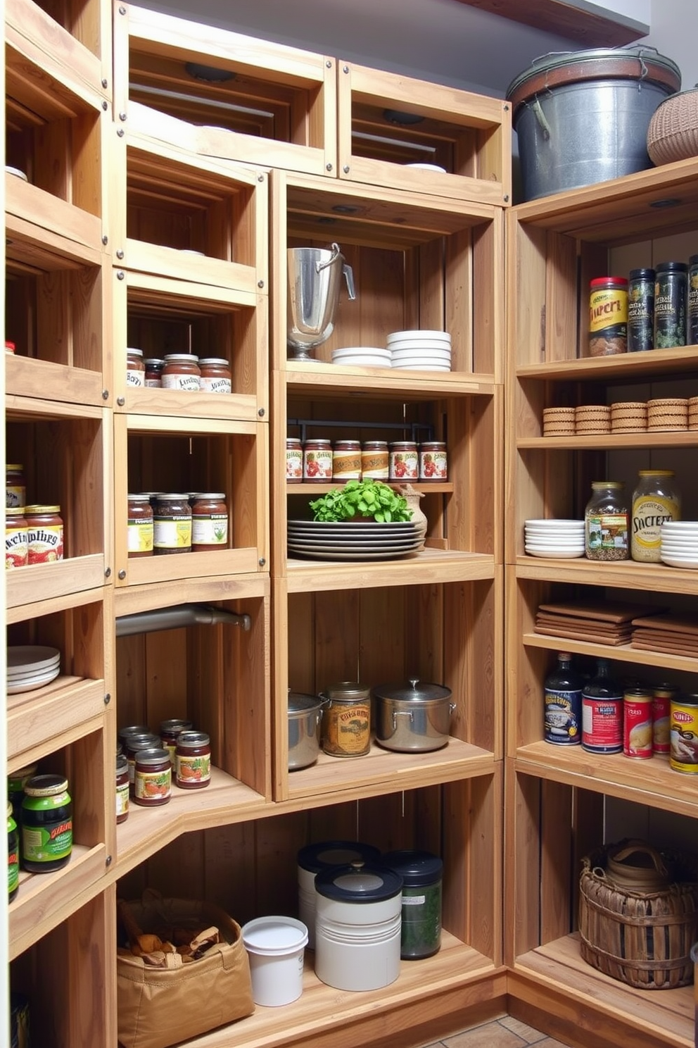 A rustic pantry featuring wooden crates as versatile shelving. The crates are stacked in a way that creates an inviting and functional storage space for canned goods and kitchen essentials.