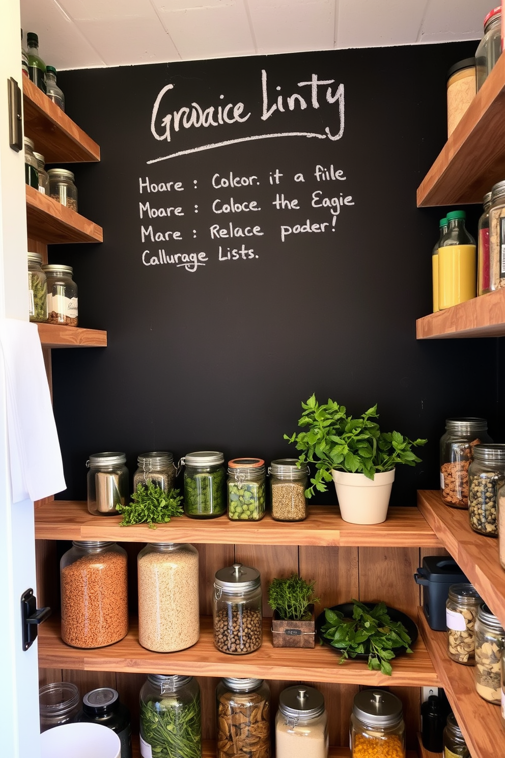 A rustic pantry featuring a chalkboard wall that serves as a functional space for grocery lists. The shelves are made of reclaimed wood, filled with glass jars of bulk ingredients and fresh herbs, creating an inviting and organized atmosphere.