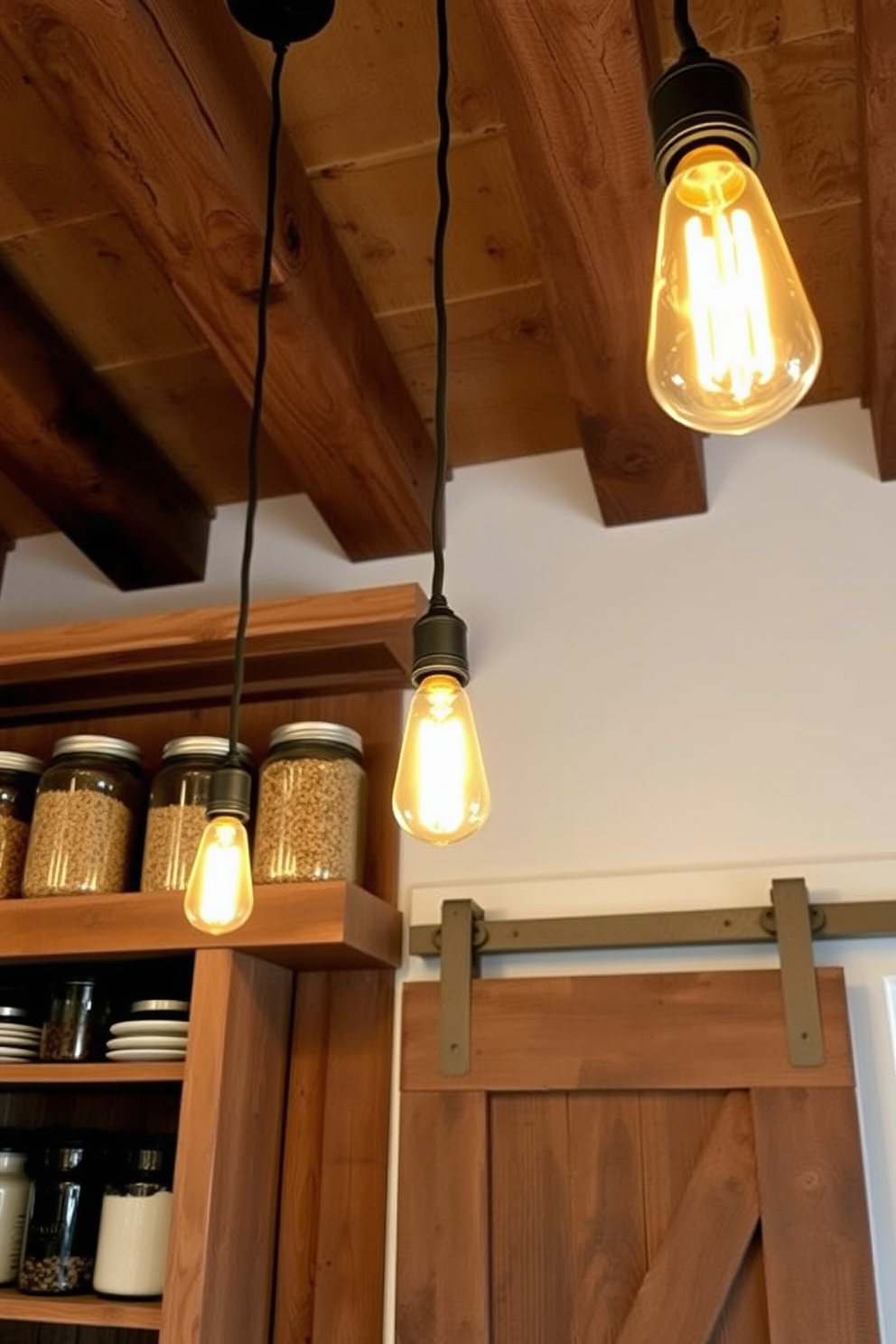 Rustic lighting fixtures with Edison bulbs. The warm glow of the bulbs enhances the charm of reclaimed wood beams and vintage decor elements. Rustic pantry design ideas. Open shelving made of distressed wood showcases mason jars filled with grains and spices, while a sliding barn door adds a touch of farmhouse elegance.