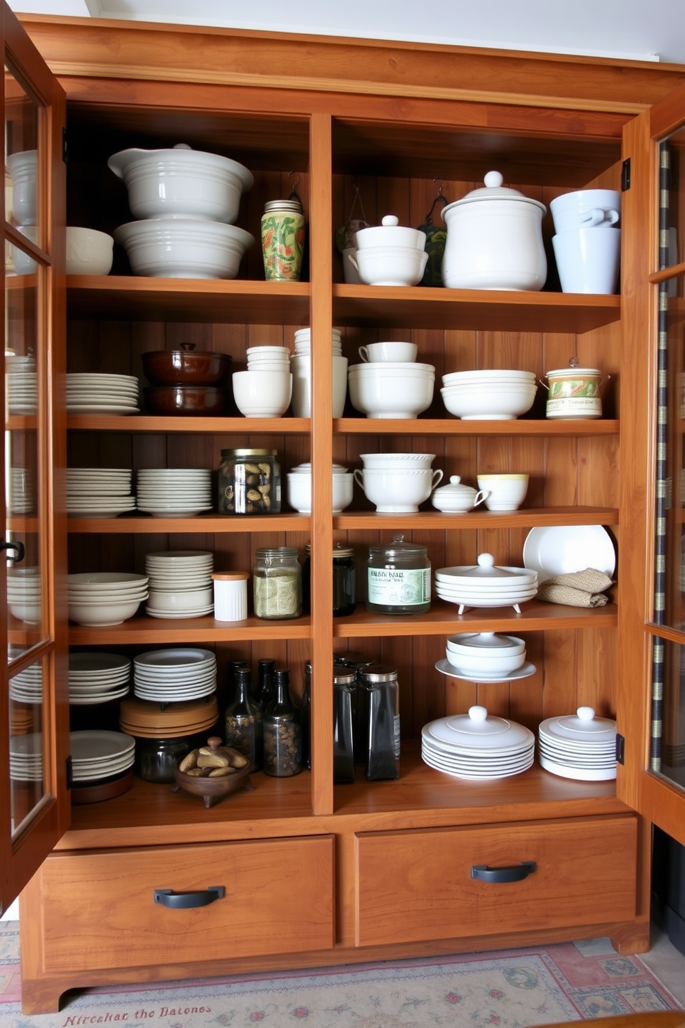 Open cabinets with glass doors create an inviting rustic pantry that showcases neatly organized dishes and jars. The wooden shelves are adorned with a mix of vintage and contemporary kitchenware, adding charm and character to the space.