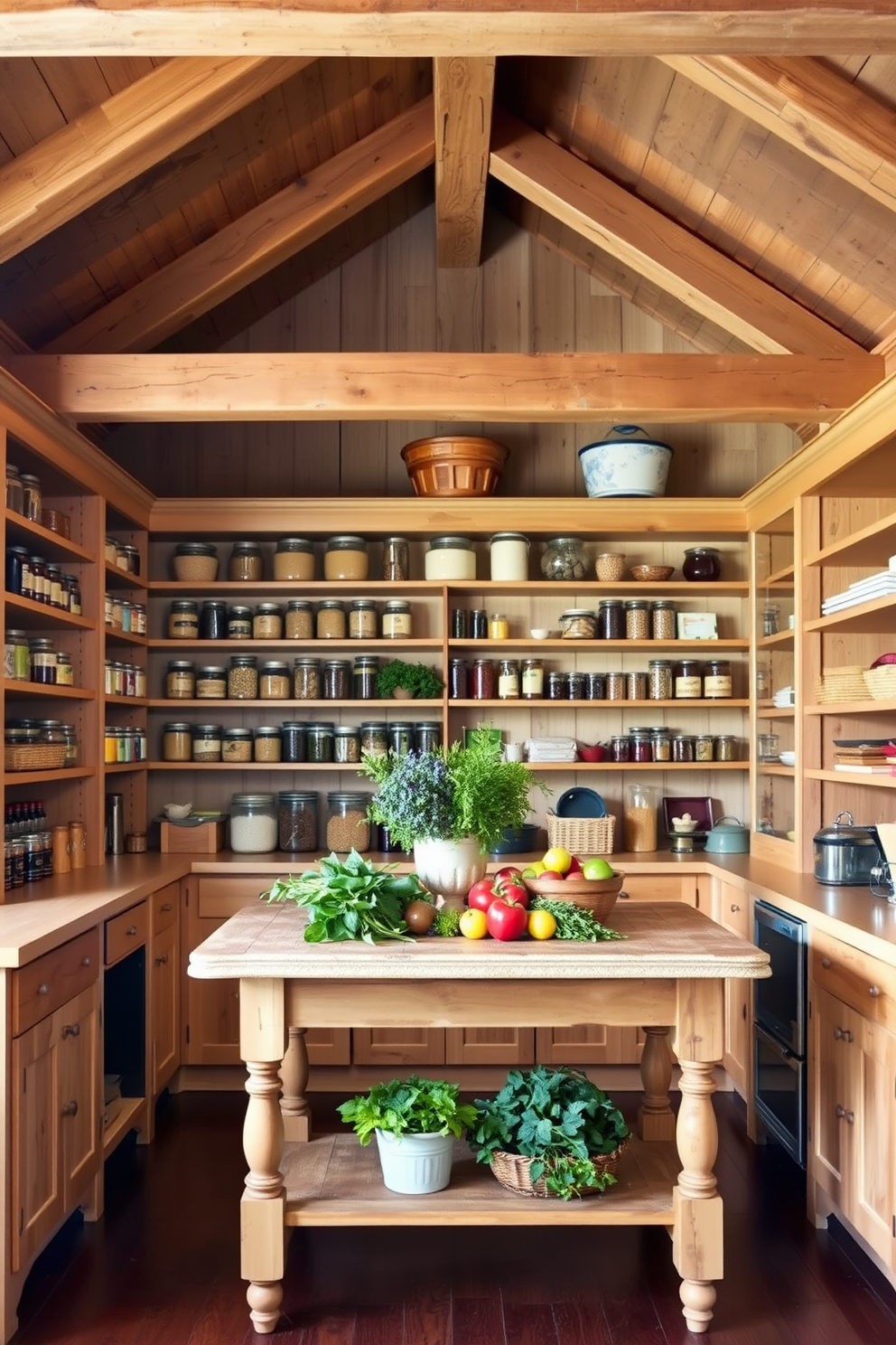 A rustic pantry design featuring exposed wooden beams that create a warm and inviting atmosphere. The shelves are filled with an assortment of jars and baskets, showcasing a variety of grains, spices, and preserves. Natural wood cabinetry complements the rustic theme, providing ample storage space while maintaining an organic look. A vintage farmhouse table sits in the center, adorned with fresh herbs and seasonal produce for a charming touch.