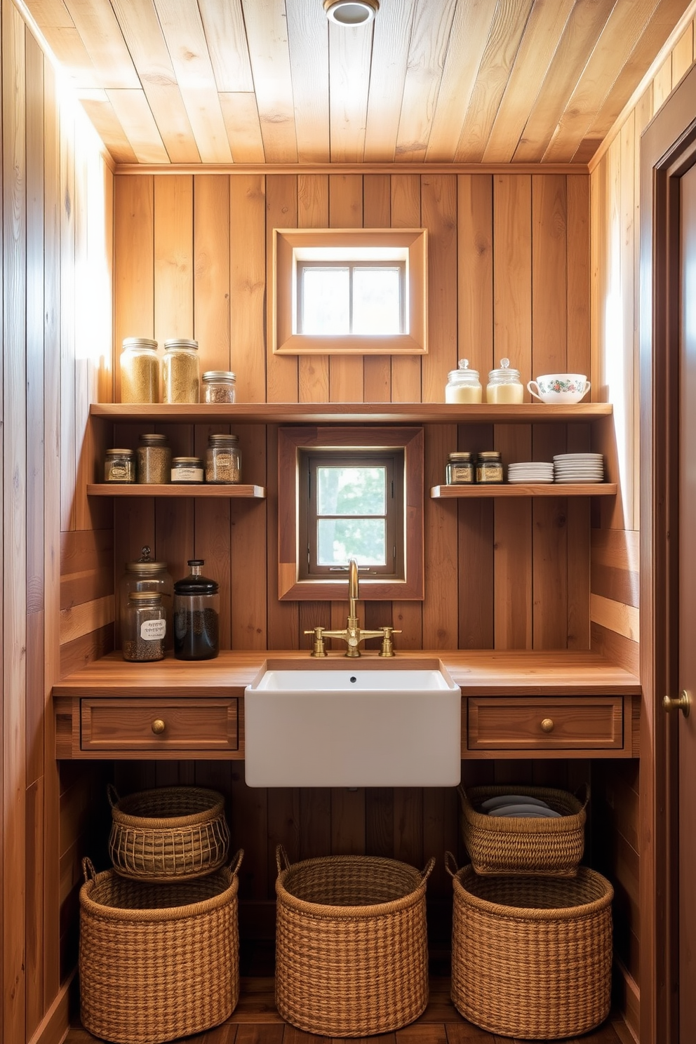 Reclaimed wood paneling covers the walls, creating a warm and inviting atmosphere. The pantry features open shelving made from the same reclaimed wood, displaying neatly organized jars and rustic cookware. A large farmhouse sink sits in the center, complemented by vintage brass fixtures. Natural light floods the space through a small window, highlighting the earthy tones of the wood and the textures of woven baskets below the shelves.