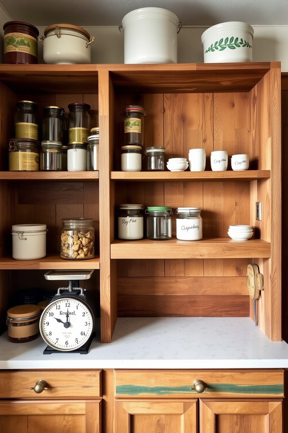 A rustic pantry featuring reclaimed wood shelves showcasing vintage jars and ceramic containers. A vintage scale serves as a decorative accent on the countertop, adding charm to the warm, inviting space.