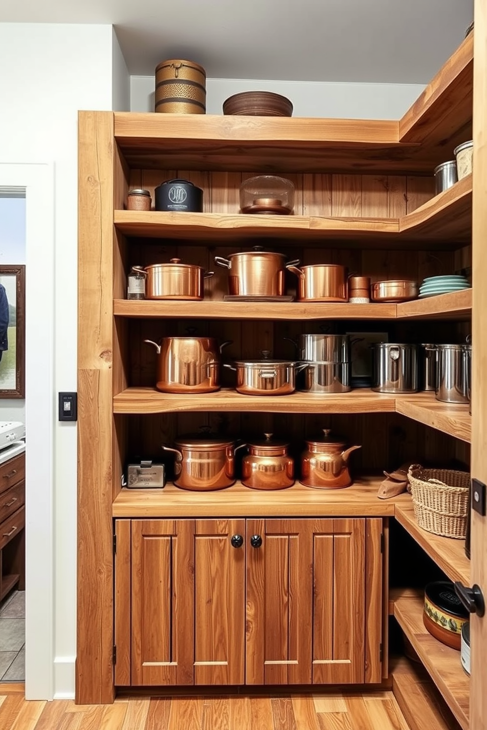 A rustic pantry featuring open shelves made of reclaimed wood. Copper pots are elegantly displayed on the shelves, adding warmth and charm to the space.