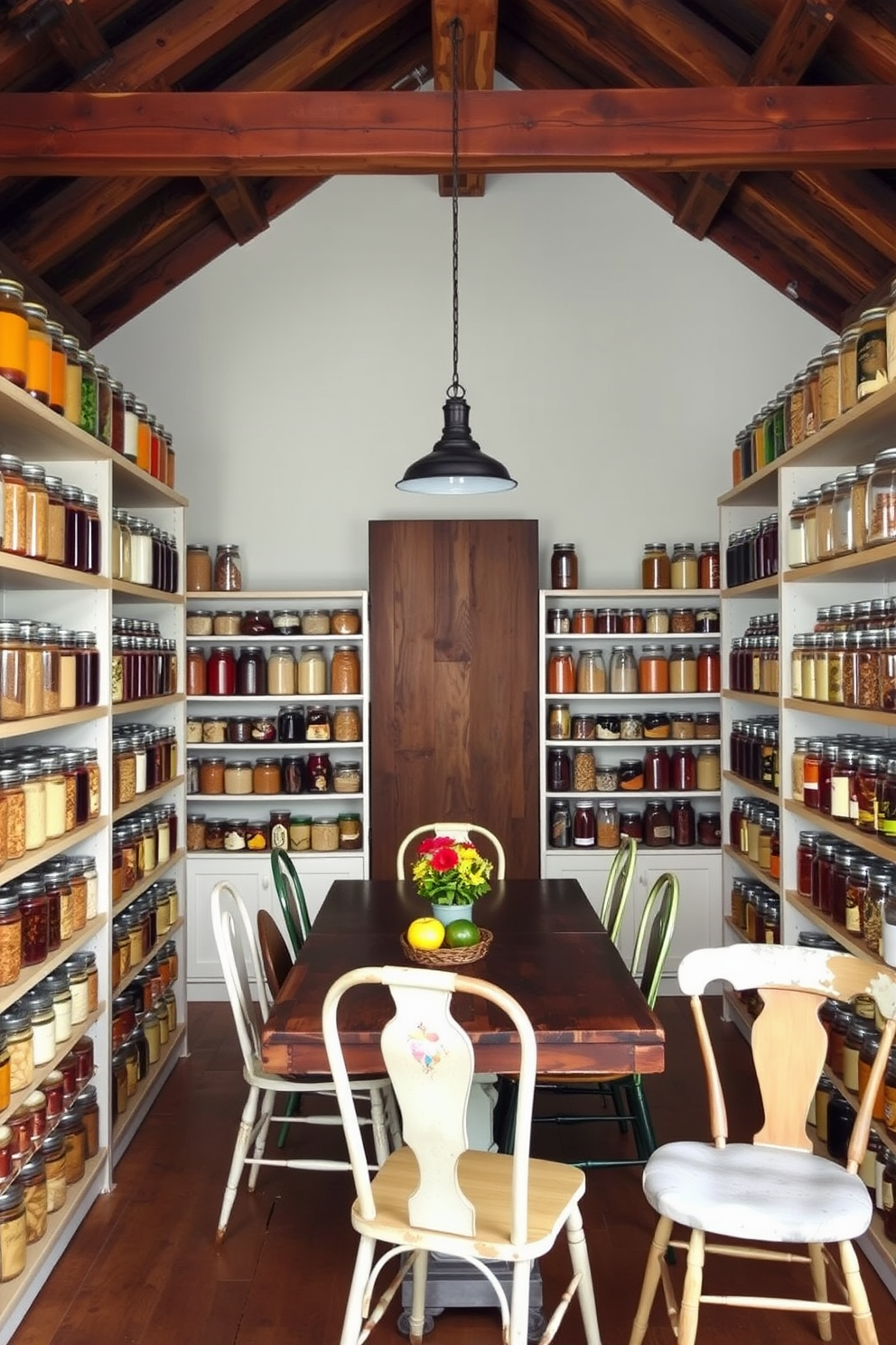 A rustic pantry filled with mason jars creates a charming and inviting atmosphere. The shelves are lined with various sizes of mason jars, showcasing colorful ingredients like grains, spices, and preserves. Wooden beams adorn the ceiling, adding warmth to the space. A farmhouse-style table sits in the center, surrounded by mismatched chairs, enhancing the cozy, eclectic vibe.