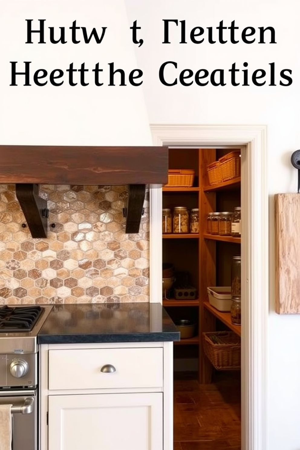 A rustic kitchen featuring a tile backsplash that adds texture and warmth. The backsplash is made of unevenly shaped, earthy-toned tiles that create a cozy atmosphere. A spacious pantry designed with rustic charm in mind. Wooden shelves filled with jars and baskets complement the warm, inviting feel of the space.