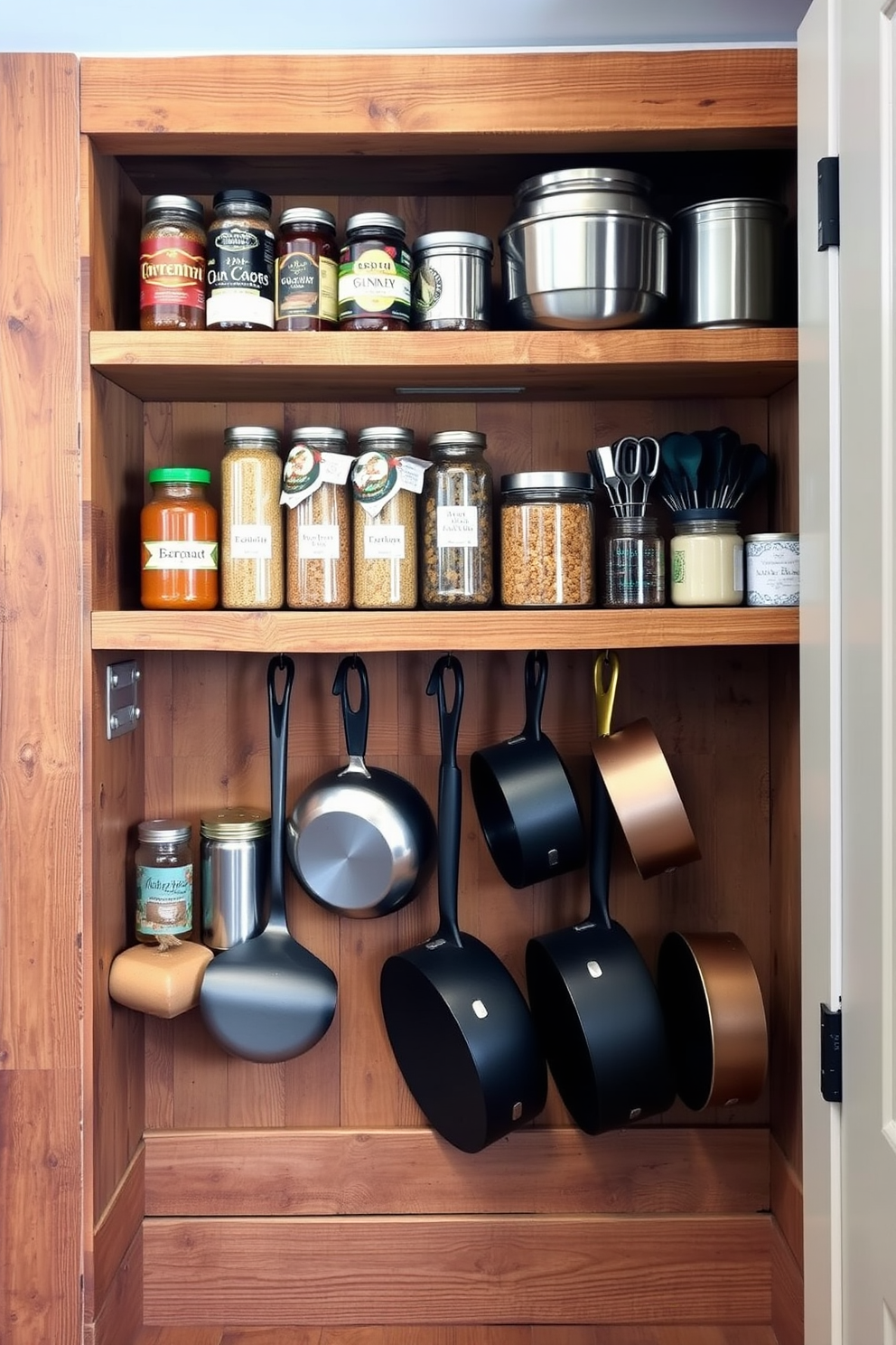 A rustic pantry featuring a wall-mounted pot rack for easy access to cooking essentials. The shelves are made of reclaimed wood, displaying jars of spices and dried goods alongside hanging pots and pans.