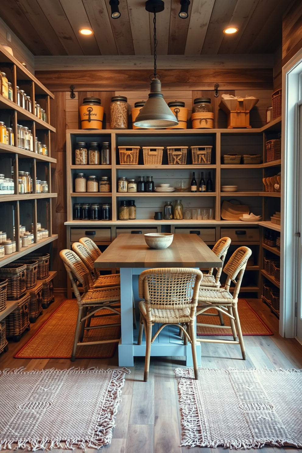 A cozy rustic pantry featuring natural fiber rugs that add warmth and texture to the space. The shelves are filled with mason jars of dried goods and wooden baskets, creating an inviting and organized atmosphere. The walls are adorned with reclaimed wood accents and soft, ambient lighting enhances the charm. A farmhouse-style table sits in the center, surrounded by woven chairs, perfect for meal prep and family gatherings.