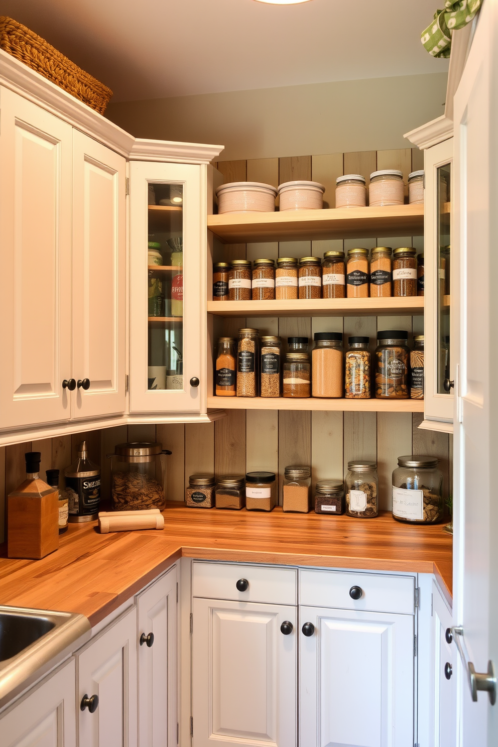 A charming rustic pantry features painted cabinets in soft pastel shades that evoke a sense of warmth and tranquility. The cabinets are complemented by natural wood shelving, showcasing neatly organized jars of spices and dried goods.