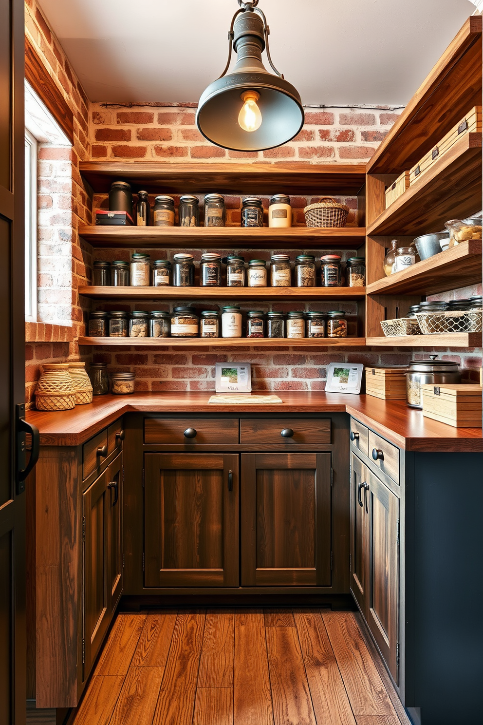 A rustic pantry design featuring reclaimed wood shelves that showcase an array of jars and baskets for storage. The walls are adorned with exposed brick, and industrial-style hardware is used on the cabinet doors for a modern twist. The floor is finished with distressed wooden planks that add warmth to the space. A vintage metal light fixture hangs above, illuminating the pantry's cozy and inviting atmosphere.