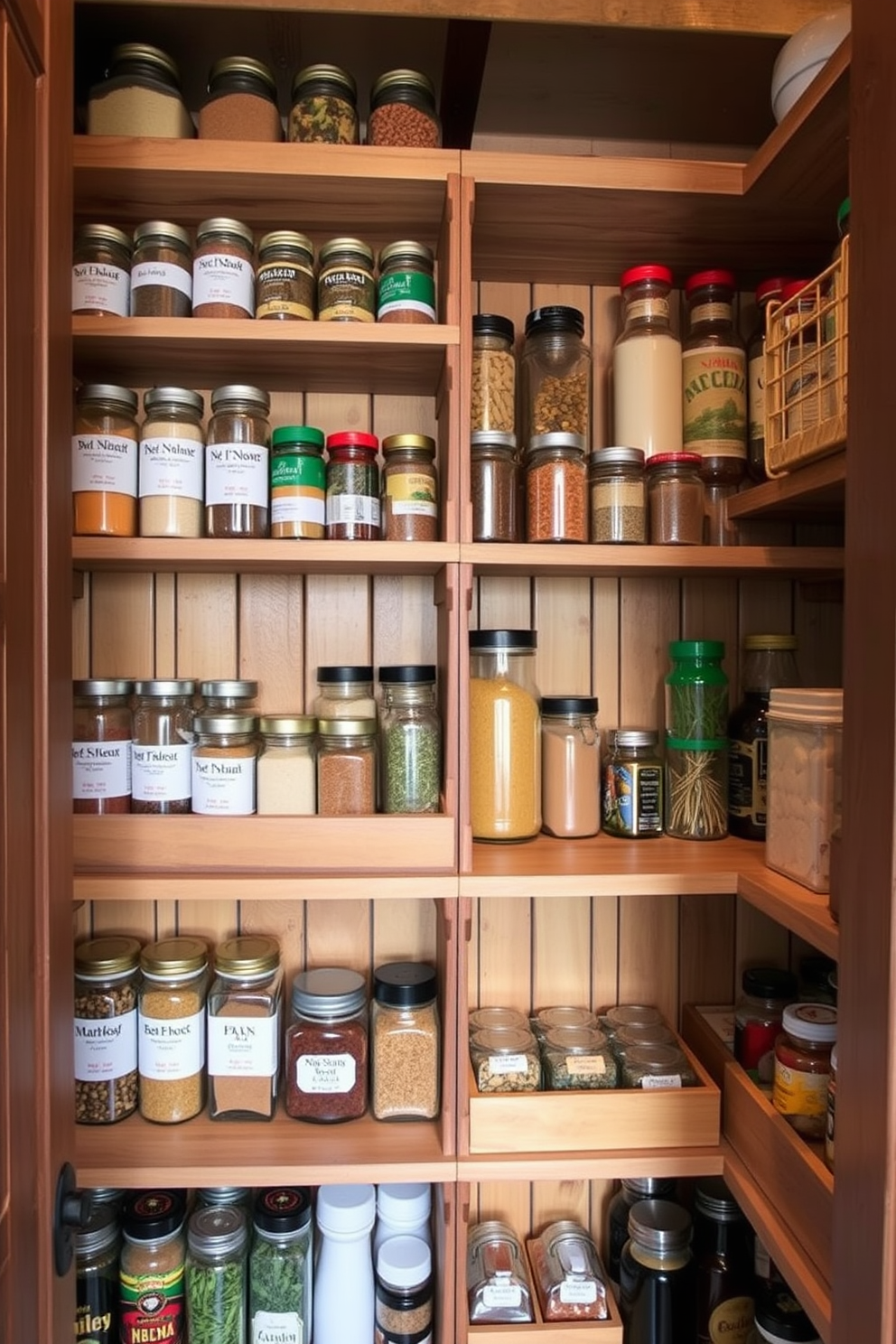 A rustic pantry featuring wooden spice racks for easy organization. The shelves are filled with neatly arranged jars of spices, herbs, and other pantry essentials, creating a warm and inviting atmosphere.