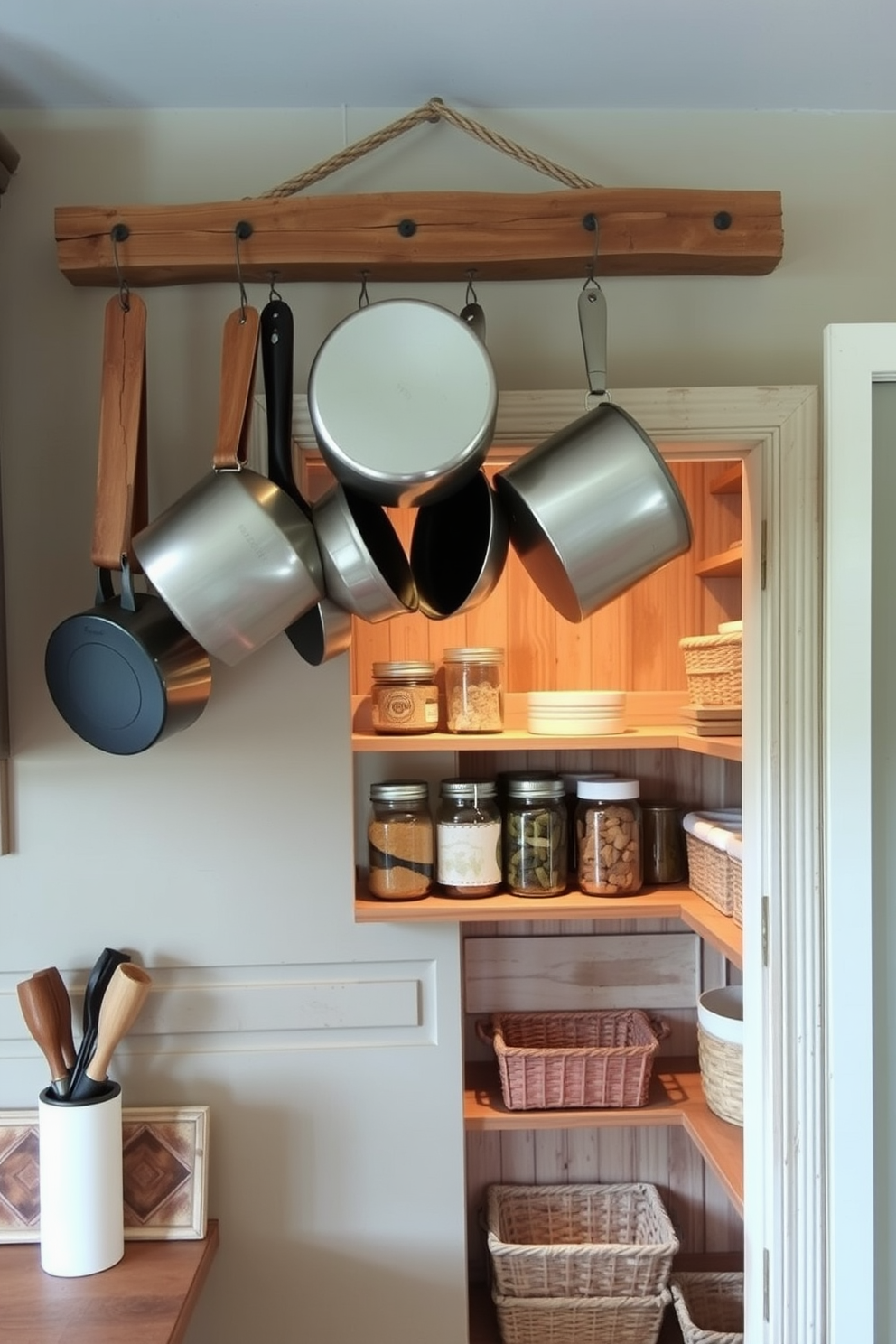 Hanging pot holders made from reclaimed wood create an inviting and functional space. They are arranged above a rustic wooden countertop, allowing for easy access to pots and pans while adding a charming aesthetic. The pantry features open shelving made from distressed wood, showcasing neatly organized jars and baskets. Soft, warm lighting illuminates the space, enhancing the natural textures and creating a cozy atmosphere.