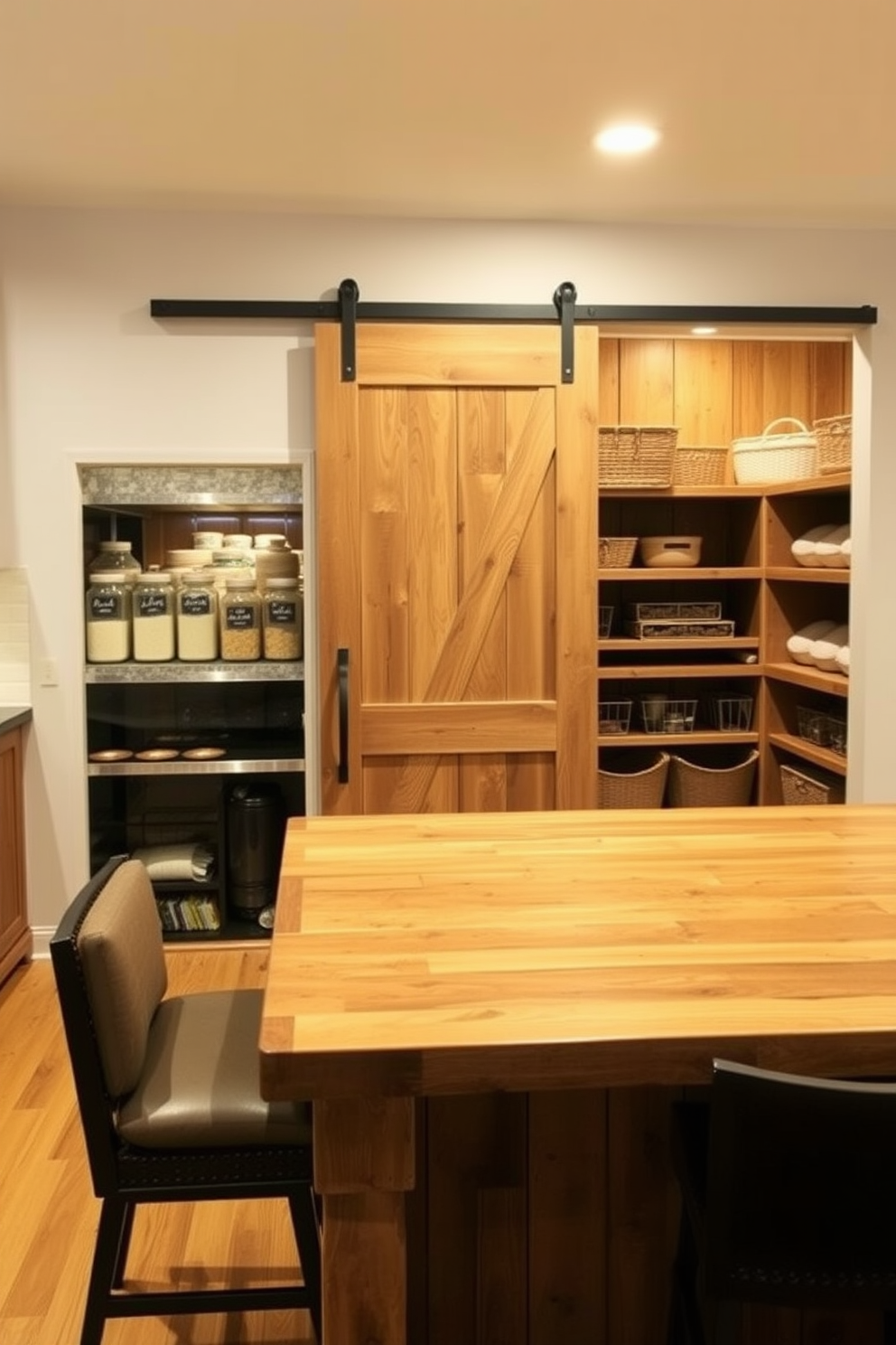 A rustic wooden island serves as a central feature in a warm and inviting kitchen. It is adorned with a thick butcher block top and surrounded by comfortable bar stools, creating a perfect spot for casual dining and meal preparation. The rustic pantry is designed with open shelving made from reclaimed wood, showcasing neatly arranged jars and baskets. Soft, ambient lighting highlights the natural textures, while a sliding barn door adds a charming touch to the overall aesthetic.