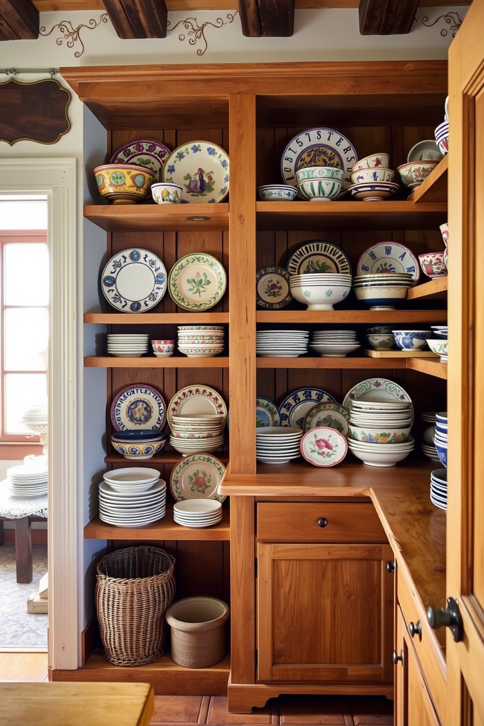 A rustic pantry filled with decorative plates and bowls elegantly arranged on open shelves. The wooden shelves are adorned with a variety of colorful ceramic plates and hand-painted bowls, creating a warm and inviting atmosphere.