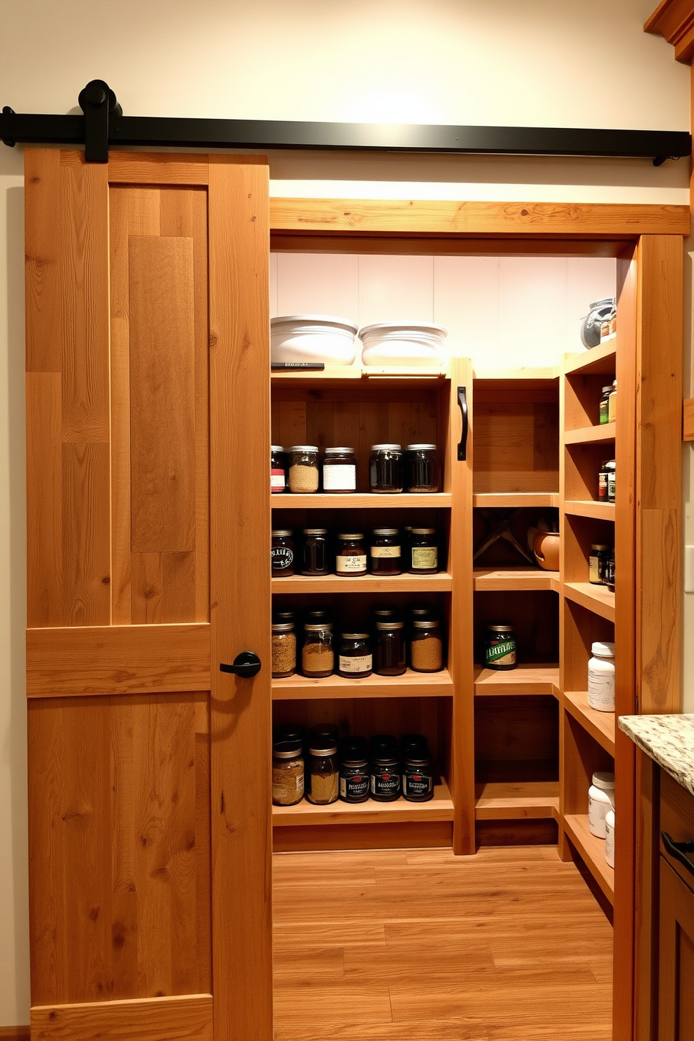 A rustic pantry entrance features a sliding barn door made of reclaimed wood with a distressed finish. The interior is adorned with open shelving made of natural wood, displaying jars of spices and home-canned goods.