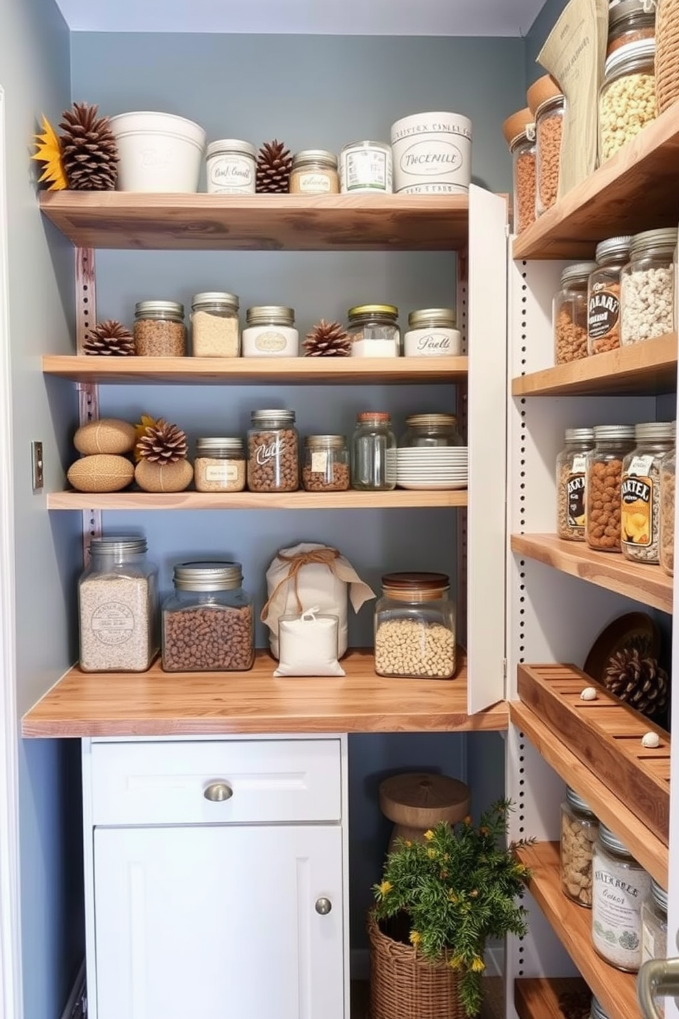 Seasonal decor for a personalized touch. Incorporate natural elements like pinecones and dried leaves to create a warm autumn atmosphere. Rustic pantry design ideas. Use reclaimed wood shelves and vintage jars to store dry goods, adding a cozy and inviting feel to the space.