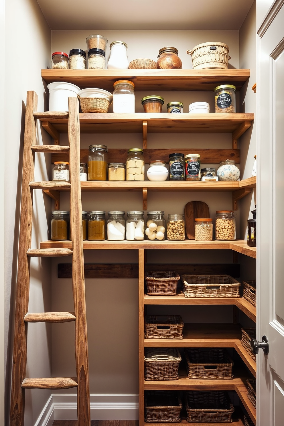 A rustic wooden ladder is positioned against a wall, providing access to high shelves adorned with various kitchen items. The ladder features a weathered finish that complements the warm tones of the surrounding decor. The pantry design includes open shelving made of reclaimed wood, showcasing neatly organized jars and baskets. Soft lighting illuminates the space, enhancing the inviting atmosphere of this rustic pantry.