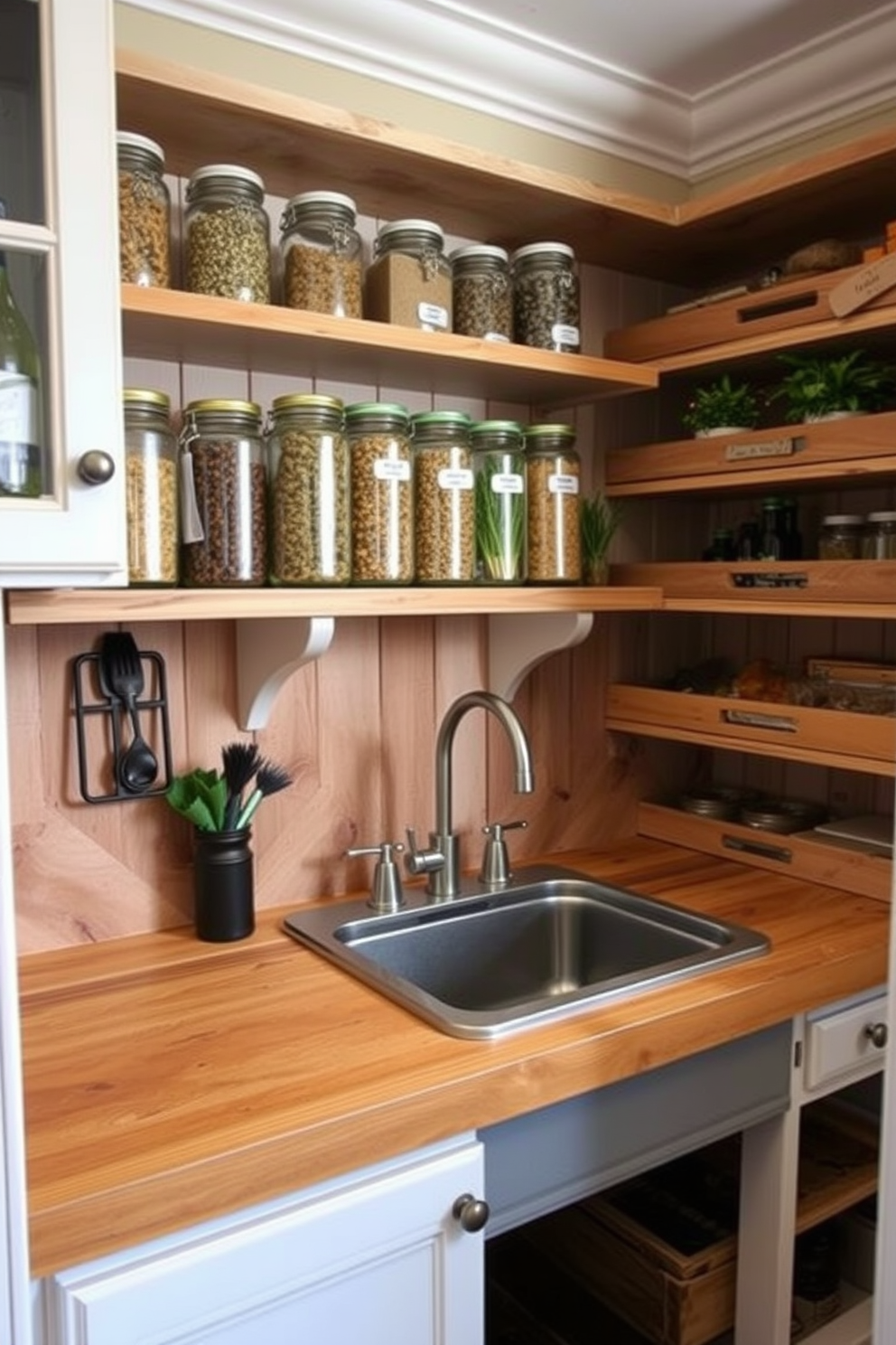 A cozy rustic pantry featuring a farmhouse sink set into a natural wood countertop. The shelves are filled with mason jars and wooden crates, showcasing an array of dried herbs and spices.