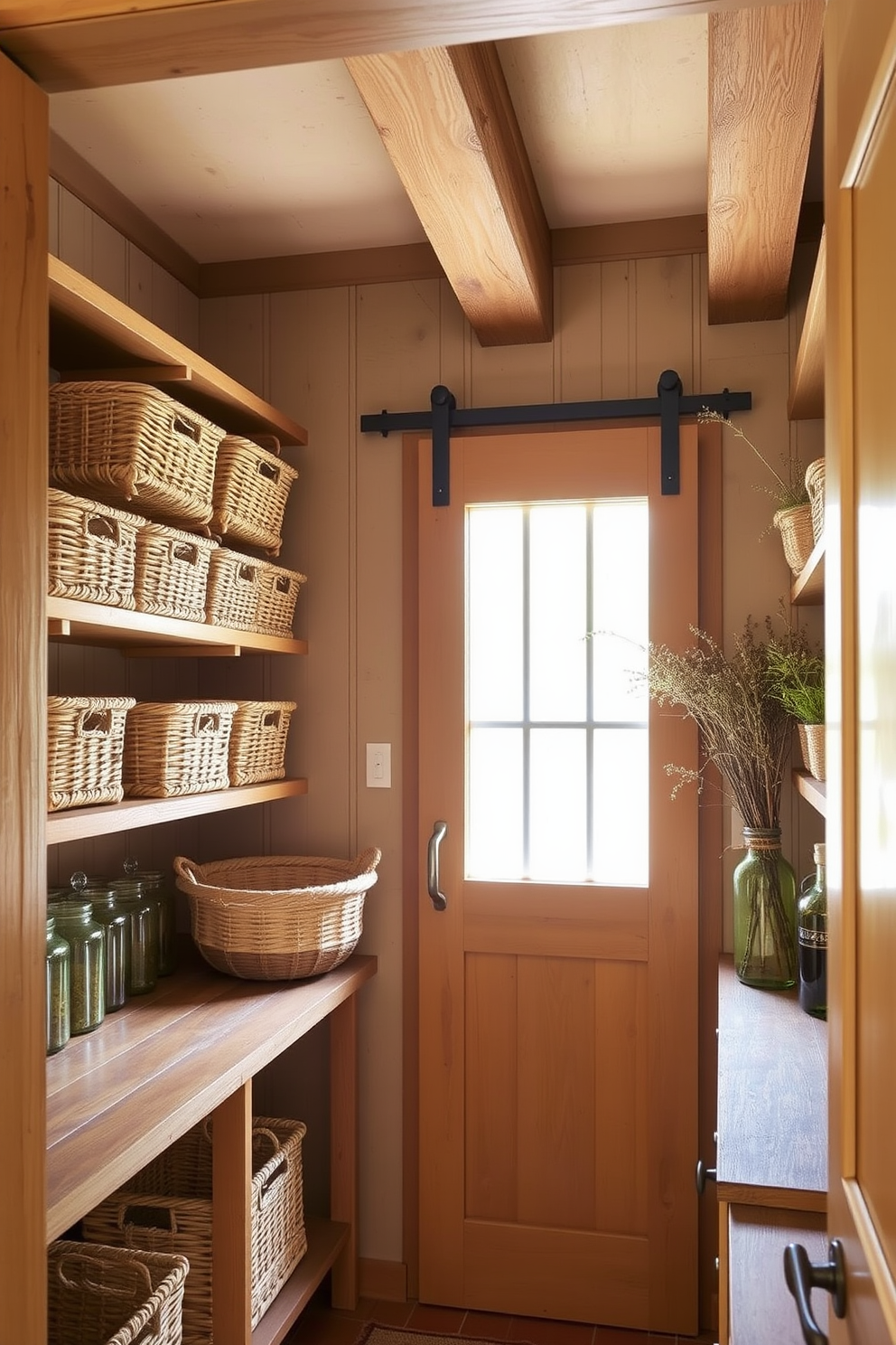 Woven baskets are arranged on wooden shelves, providing a charming and organized storage solution. The rustic pantry features exposed wooden beams and a farmhouse-style sliding door, enhancing its cozy atmosphere. Natural light floods the space through a small window, illuminating the earthy tones of the cabinetry. Decorative elements like vintage jars and dried herbs add character to the functional design.