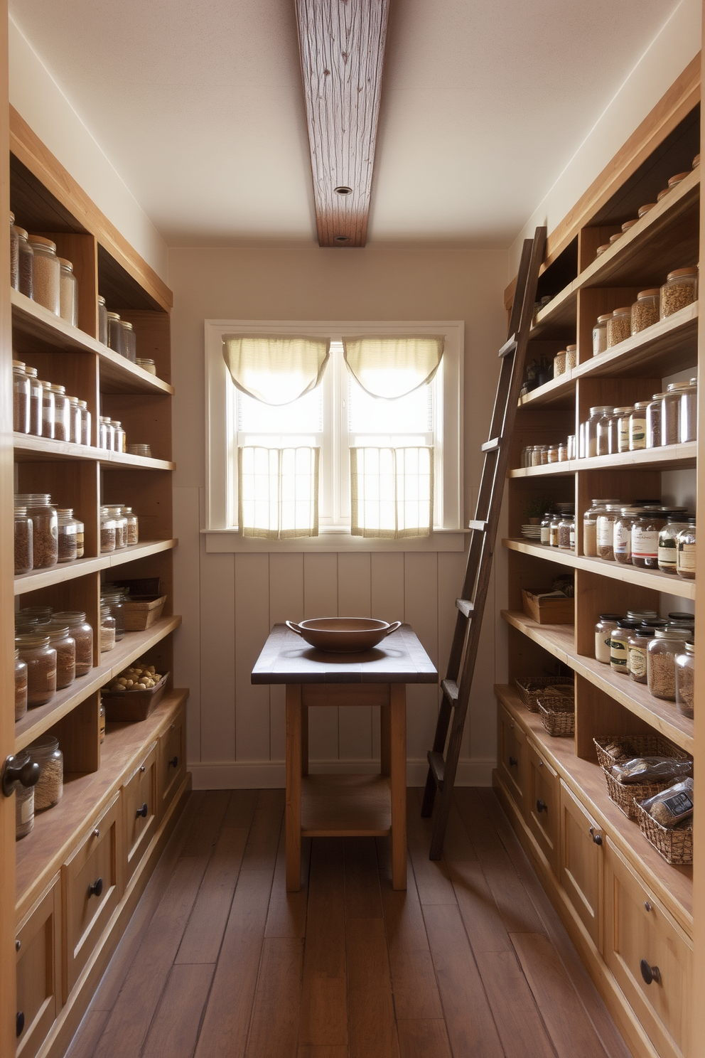 A rustic pantry featuring open wooden shelving that displays a variety of jars filled with grains and spices. The walls are painted in a soft beige, complemented by warm wooden accents and a farmhouse-style table in the center. Natural light pours in through a small window adorned with simple linen curtains. A vintage ladder leans against the shelves, adding character and providing access to items stored above.