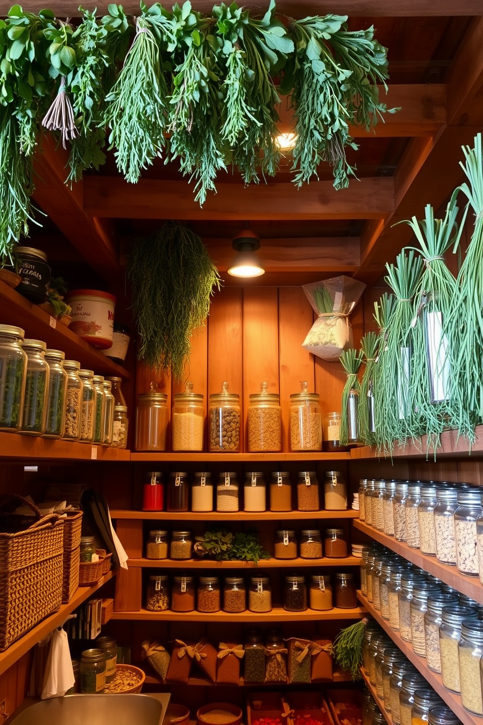 A rustic pantry filled with hanging herbs and spices creates an inviting atmosphere. The wooden shelves are lined with jars and baskets, showcasing a variety of dried herbs and colorful spices. The ceiling beams are adorned with bundles of herbs, adding a touch of greenery. Warm, ambient lighting highlights the natural textures of the wood and the vibrant colors of the spices.