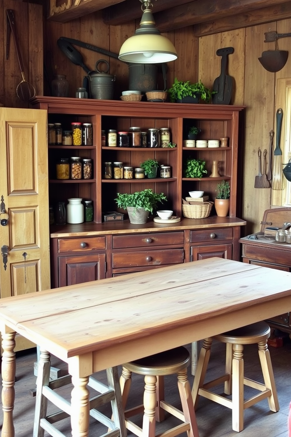 A rustic pantry featuring antique furniture repurposed for storage. The space includes a vintage wooden sideboard with open shelves filled with jars of preserved goods and fresh herbs. A weathered farmhouse table serves as a central workspace, surrounded by mismatched wooden stools. The walls are adorned with reclaimed wood and vintage kitchen tools, creating a warm and inviting atmosphere.