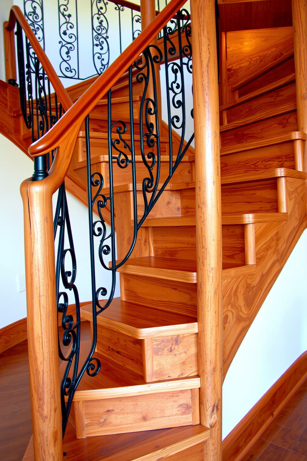 A rustic staircase design featuring natural wood steps with a rich finish. Wrought iron railings add an elegant contrast, enhancing the warmth of the wood while providing sturdy support.