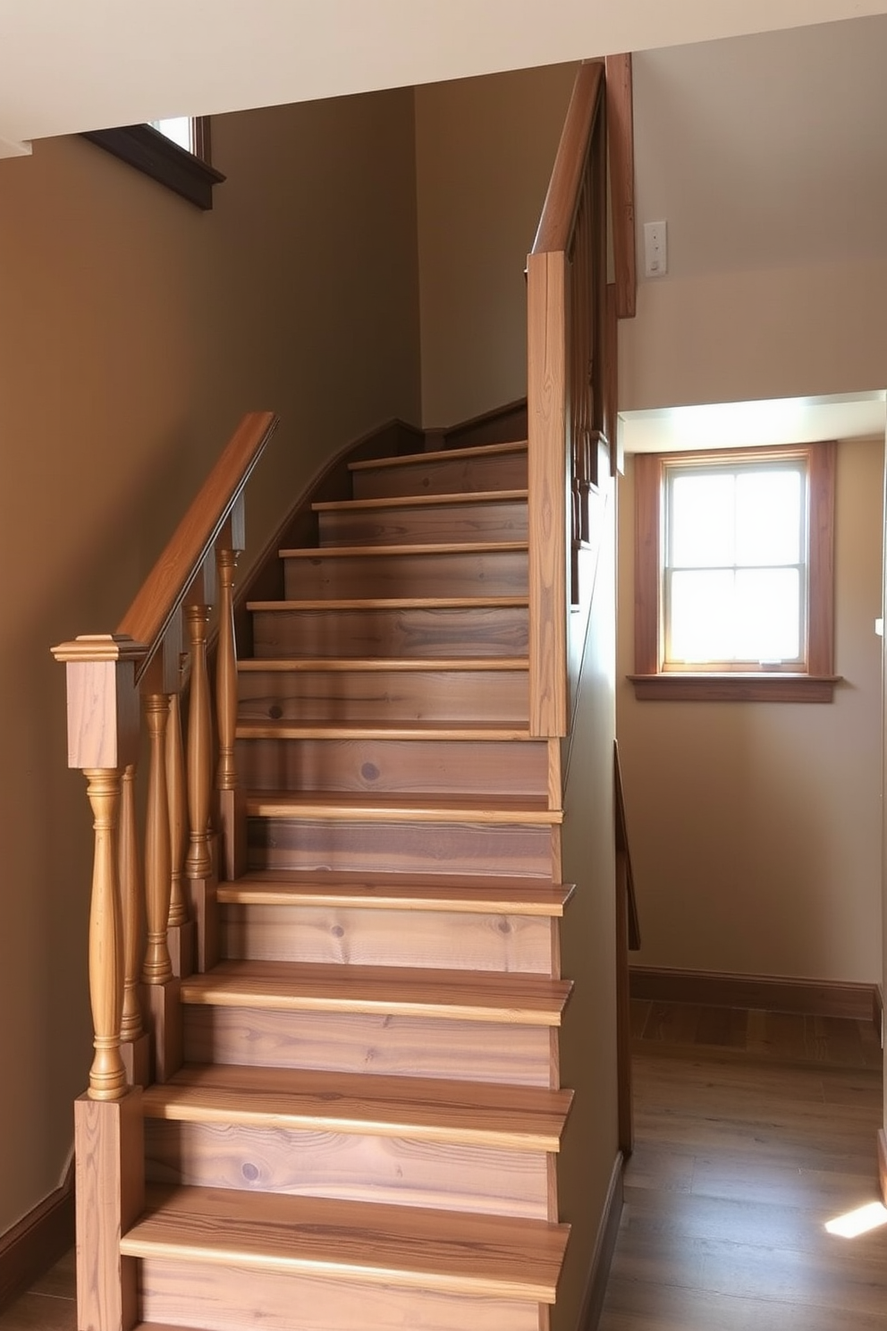 A charming farmhouse style staircase features wooden balusters and a wide, inviting handrail. The steps are made of reclaimed wood, showcasing natural grain and knots that add character to the rustic design. Surrounding the staircase are warm, neutral walls that complement the earthy tones of the wood. Soft lighting from a nearby window highlights the staircase, creating a cozy atmosphere that invites you to ascend.