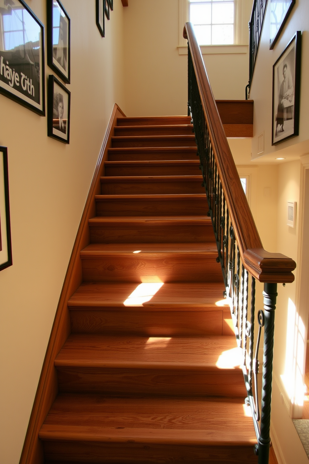 A vintage wooden staircase with a distressed finish showcases the charm of rustic design. The steps are wide and inviting, complemented by wrought iron railings that add an elegant touch. Natural light filters through a nearby window, casting warm tones on the weathered wood. The surrounding walls are adorned with framed black-and-white photographs that enhance the nostalgic atmosphere.