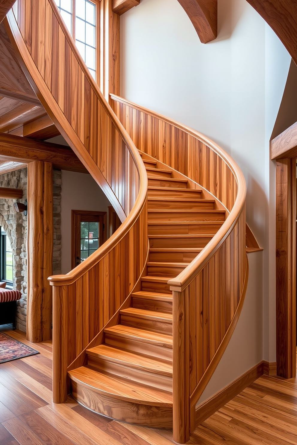 A stunning curved staircase made from natural wood showcases its rich grain and texture. The elegant design features a smooth handrail that complements the organic curves of the stairs, inviting a warm and welcoming atmosphere. Surrounding the staircase, the space is adorned with rustic elements such as exposed wooden beams and stone accents. Soft lighting highlights the natural beauty of the wood, creating an inviting focal point in the home.