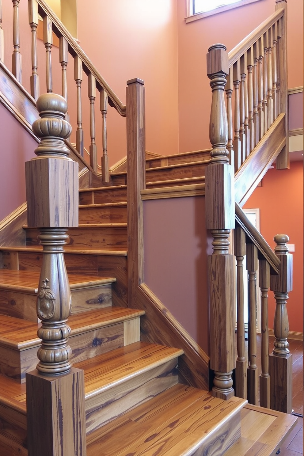 A rustic staircase features beautifully crafted wooden steps that showcase the natural grain and texture of the wood. Decorative newel posts stand proudly at the base and landing, adorned with intricate carvings that enhance the overall charm of the design. The walls alongside the staircase are painted in warm earth tones, complementing the rich hues of the wood. Soft lighting fixtures are strategically placed to highlight the staircase's features and create an inviting ambiance.